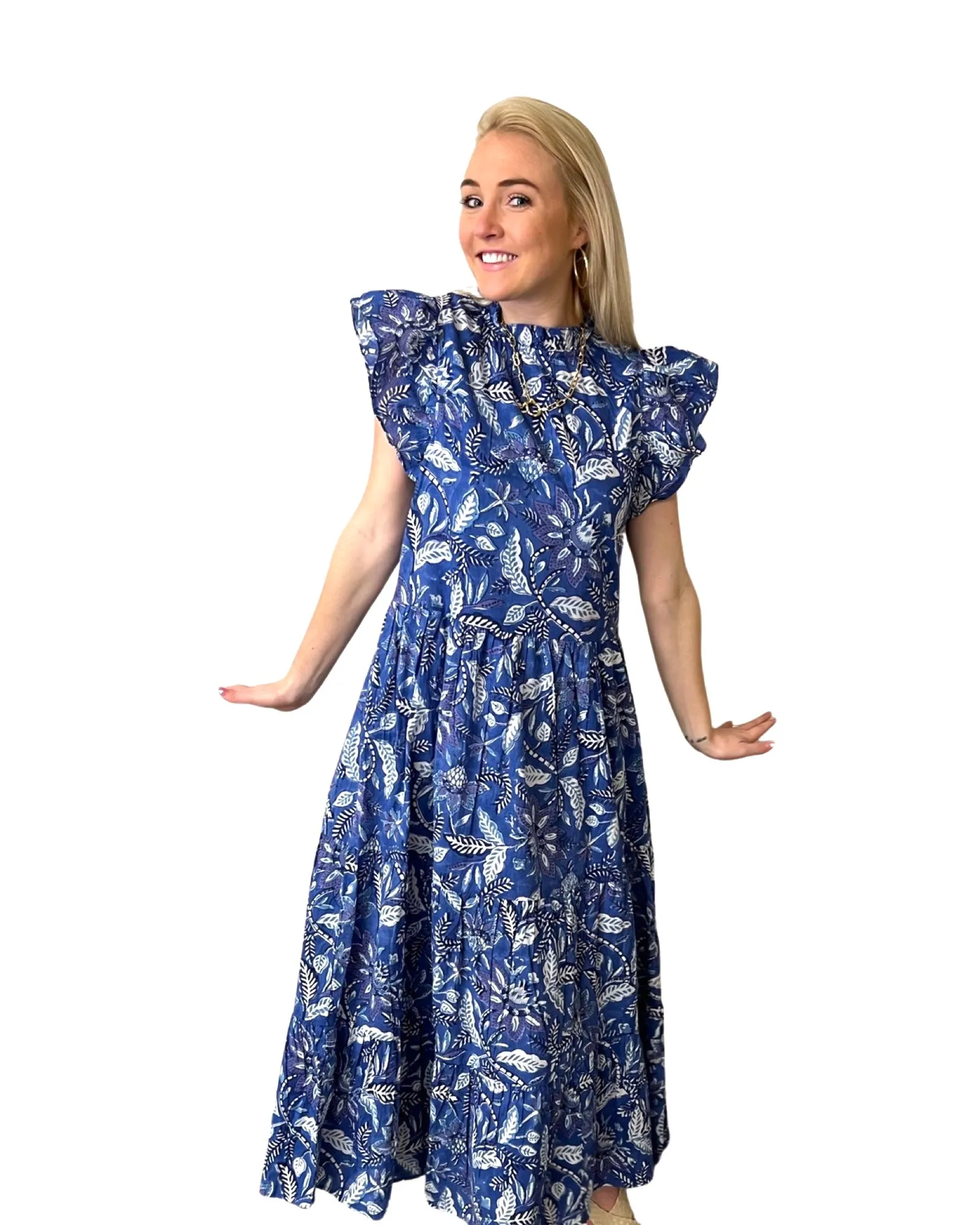 The Long Length Tinley Block Print Dress in Brilliant Blue Floral