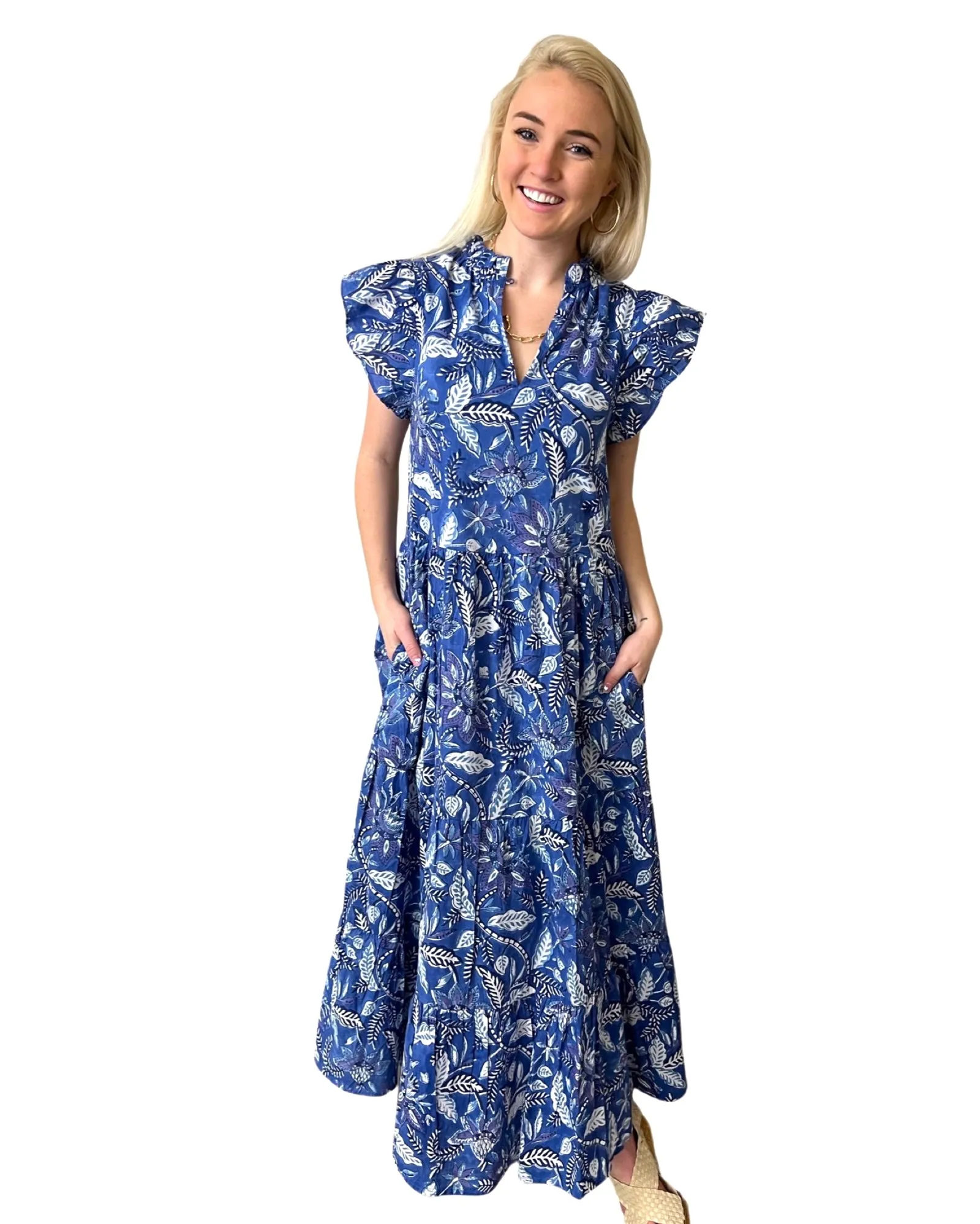 The Long Length Tinley Block Print Dress in Brilliant Blue Floral