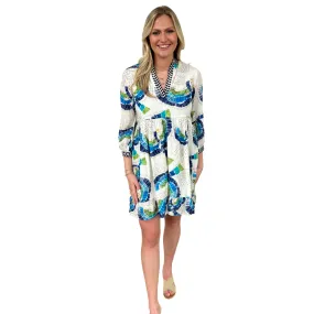 The Morley Embroidered Abstract Bird Print Dress in Ivory and Blue