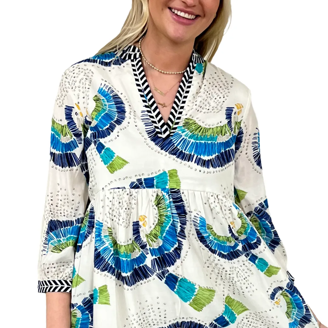 The Morley Embroidered Abstract Bird Print Dress in Ivory and Blue