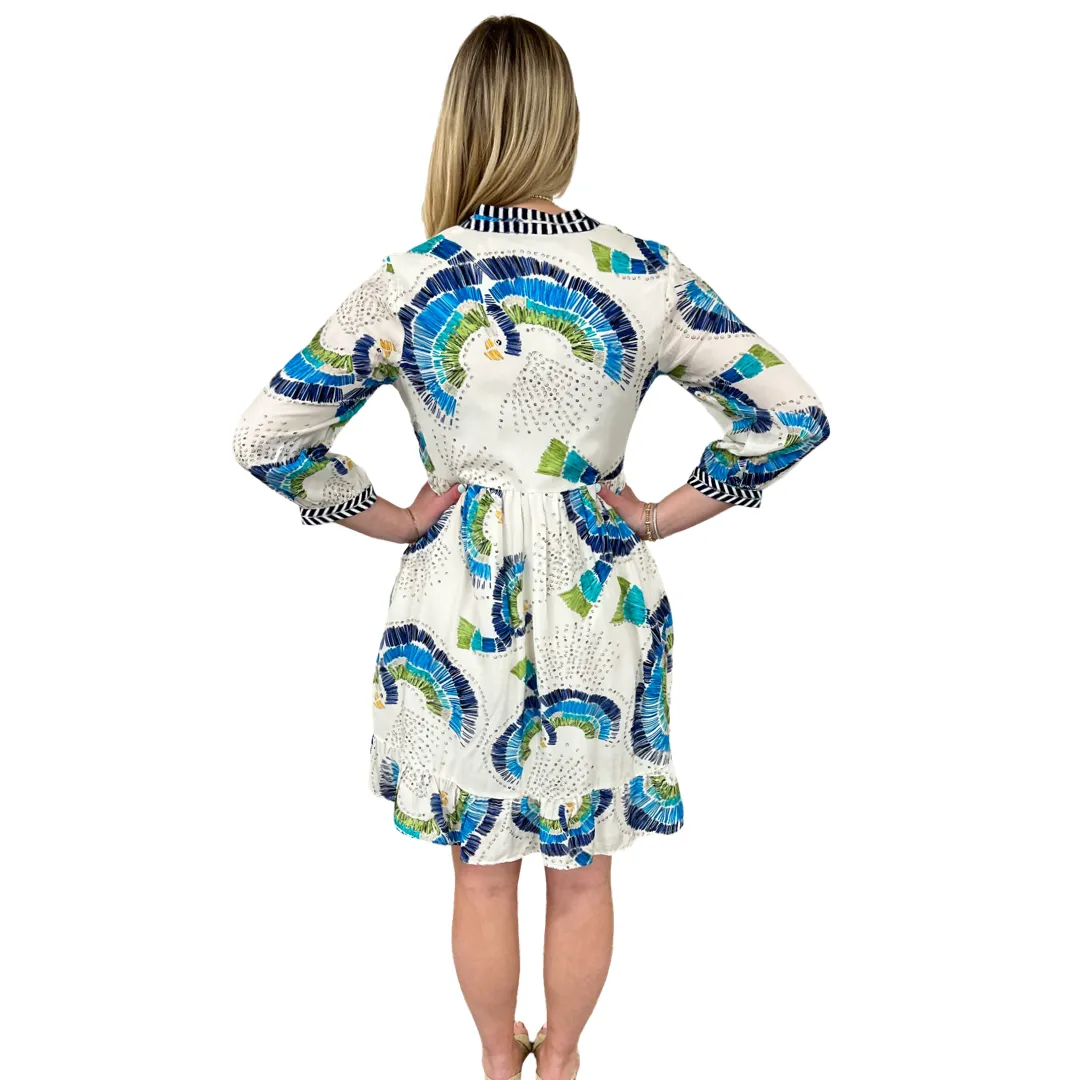 The Morley Embroidered Abstract Bird Print Dress in Ivory and Blue