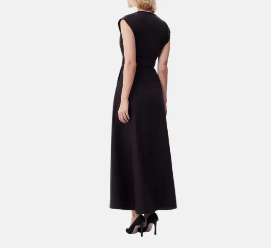 THEO - Echo Cap Sleeve Beaded V Neck Belted Dress in Black
