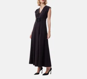 THEO - Echo Cap Sleeve Beaded V Neck Belted Dress in Black