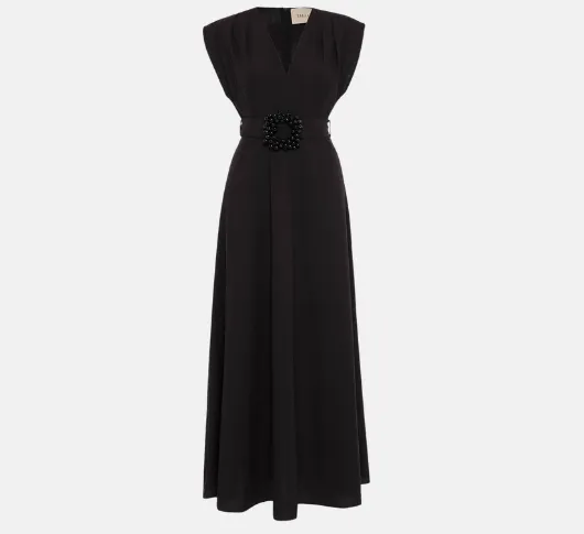 THEO - Echo Cap Sleeve Beaded V Neck Belted Dress in Black