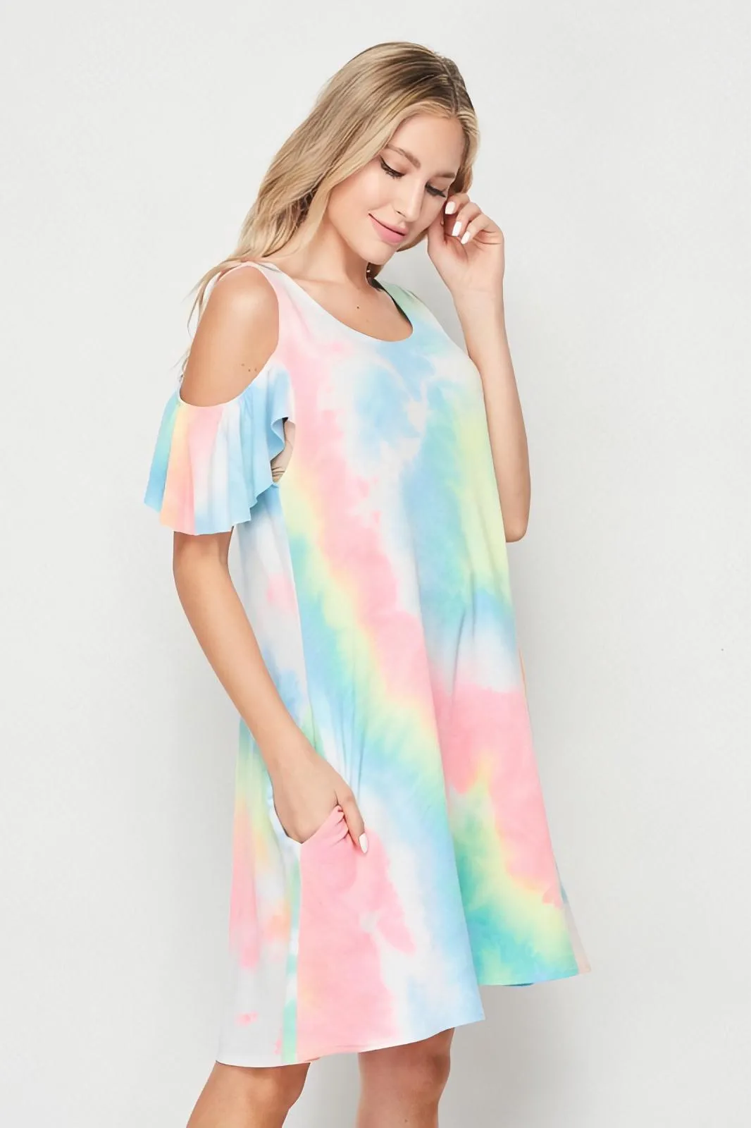 Tie Dye Cold Shoulder Knit Shift Dress
