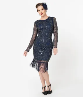Unique Vintage 1920s Navy & Silver Sequin Long Sleeve Fringe Marchelle Cocktail Dress