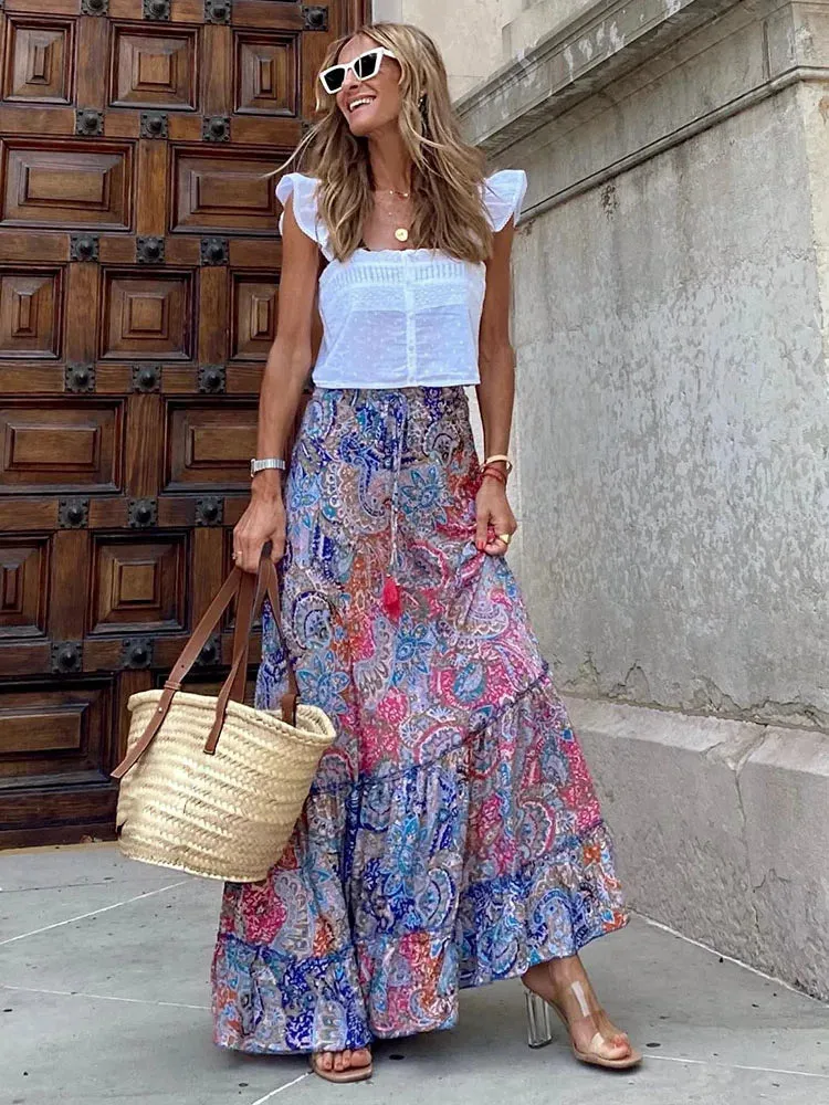 Uniwim Women's Print Long Skirt Ruffle Skirt Fashion Boho New Casual Floral Female Holiday Skirts 2023 Traf Official Store Denim Skirt