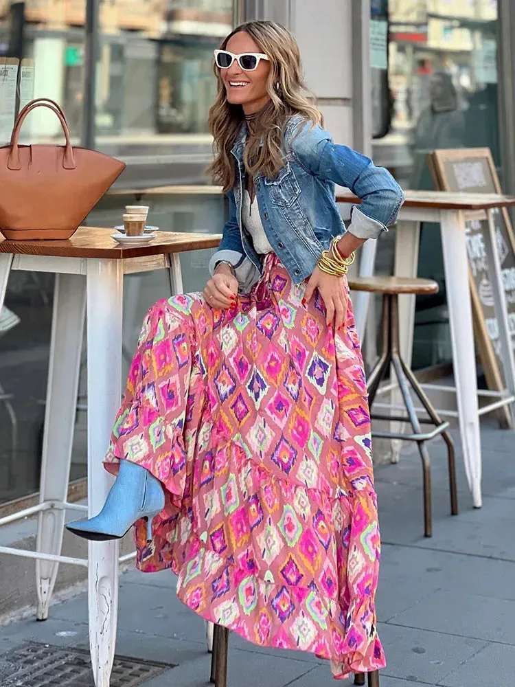 Uniwim Women's Print Long Skirt Ruffle Skirt Fashion Boho New Casual Floral Female Holiday Skirts 2023 Traf Official Store Denim Skirt