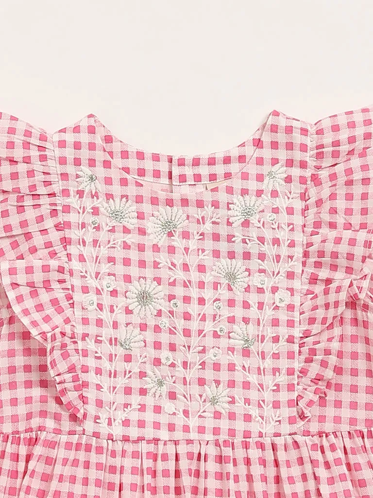 Utsa Kids Pink Gingham Checkered Tiered Cotton Dress - (2 -8yrs)