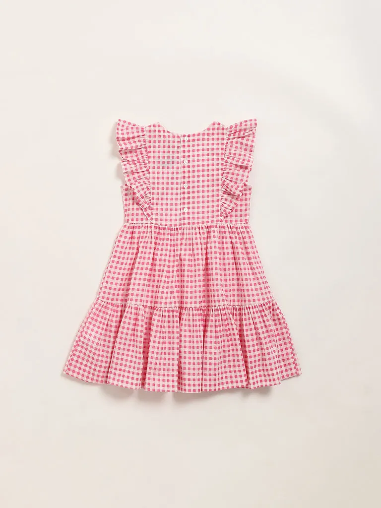 Utsa Kids Pink Gingham Checkered Tiered Cotton Dress - (2 -8yrs)