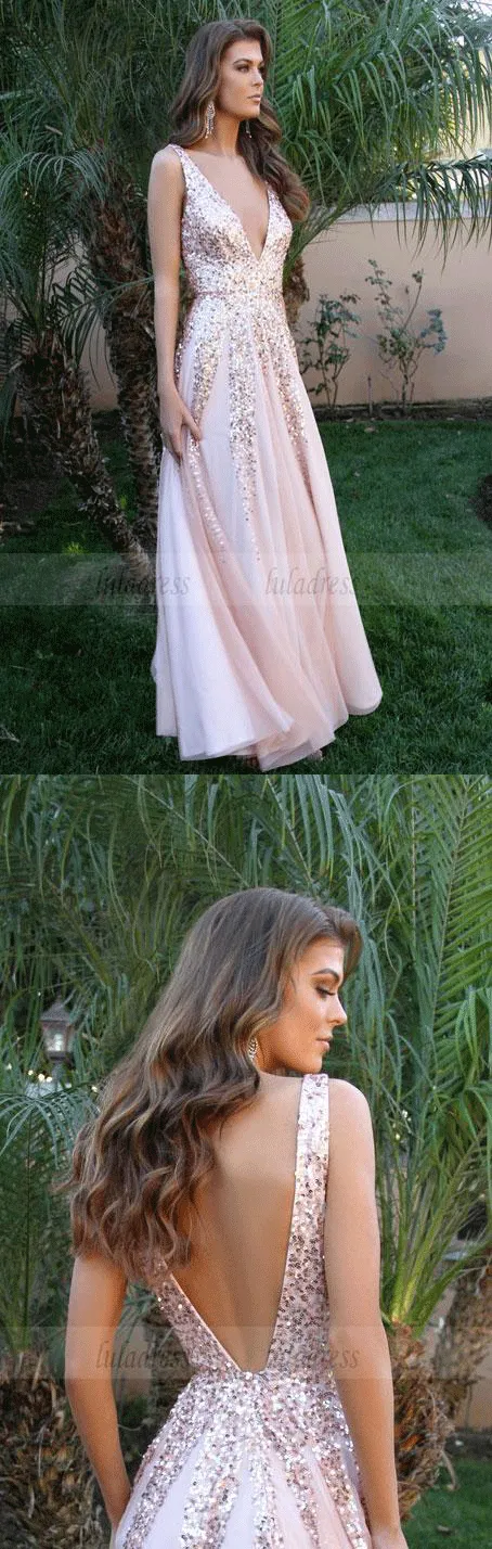 v neck long prom dresses, unique backless evening dresses with sequin