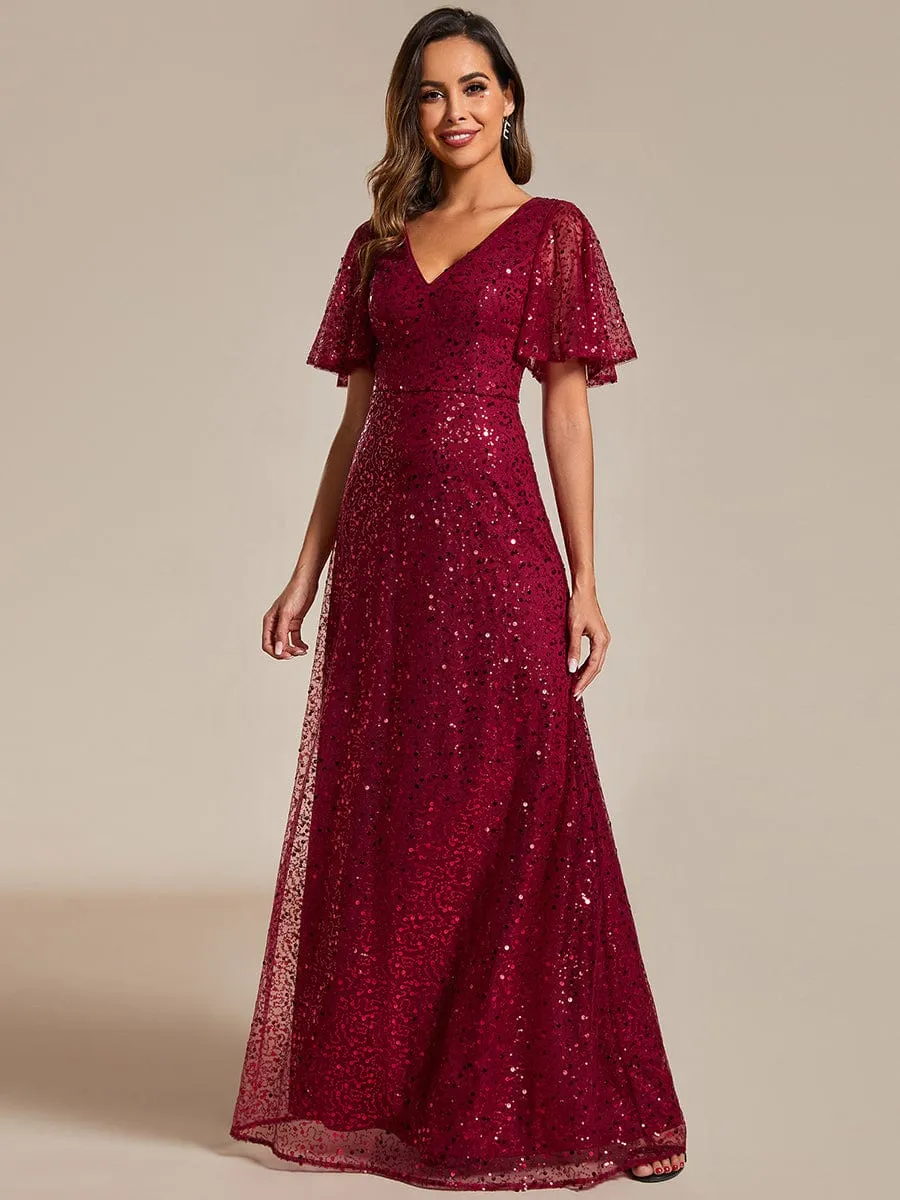 V-Neck Sequined A-Line Evening Dresses with Ruffles Sleeves