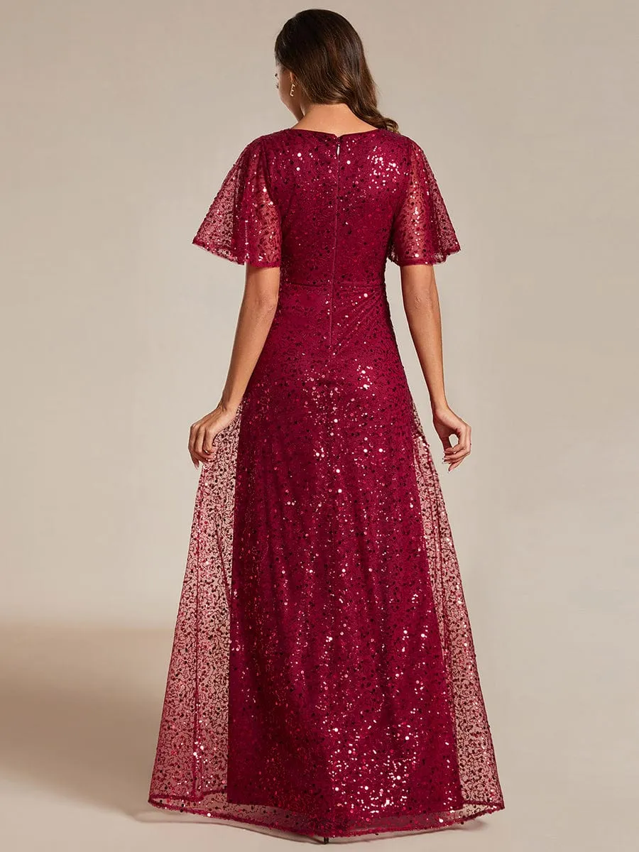 V-Neck Sequined A-Line Evening Dresses with Ruffles Sleeves