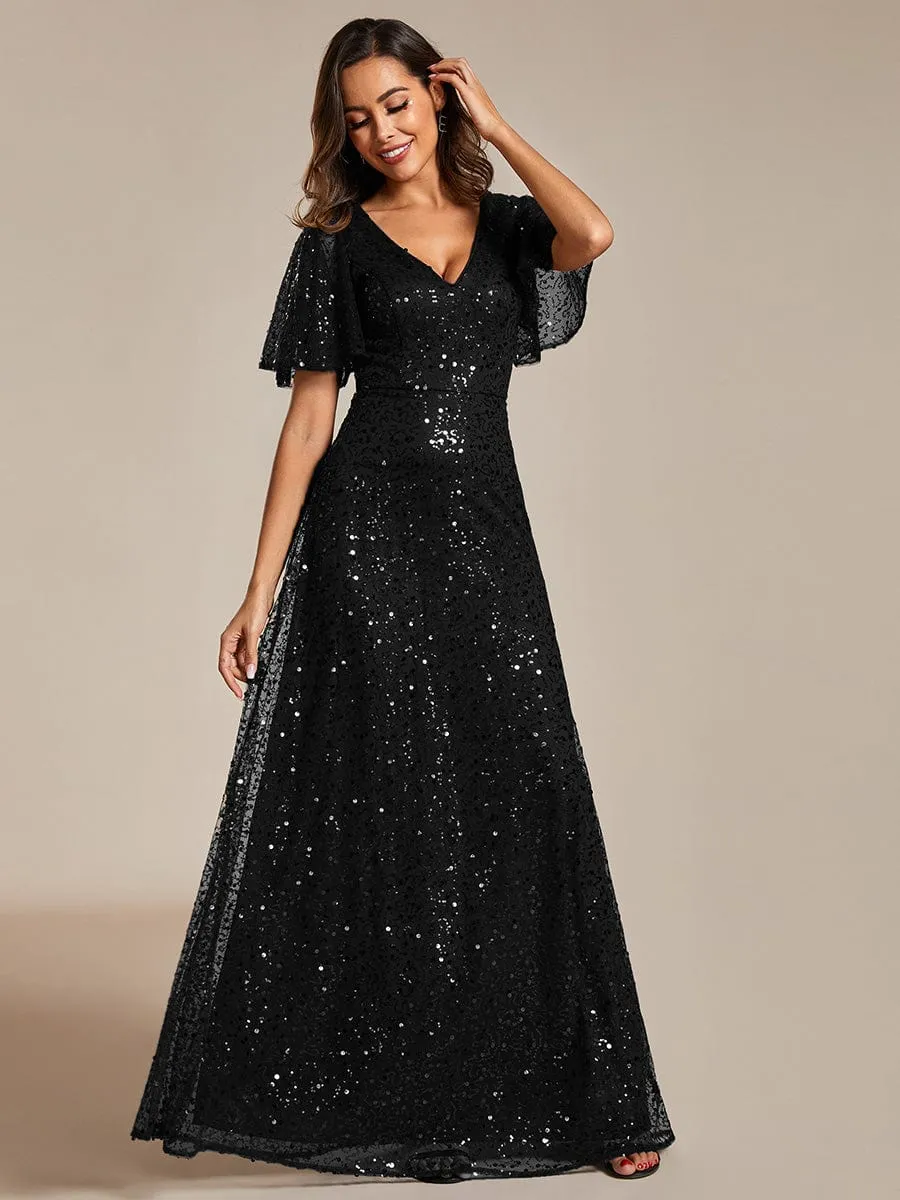 V-Neck Sequined A-Line Evening Dresses with Ruffles Sleeves