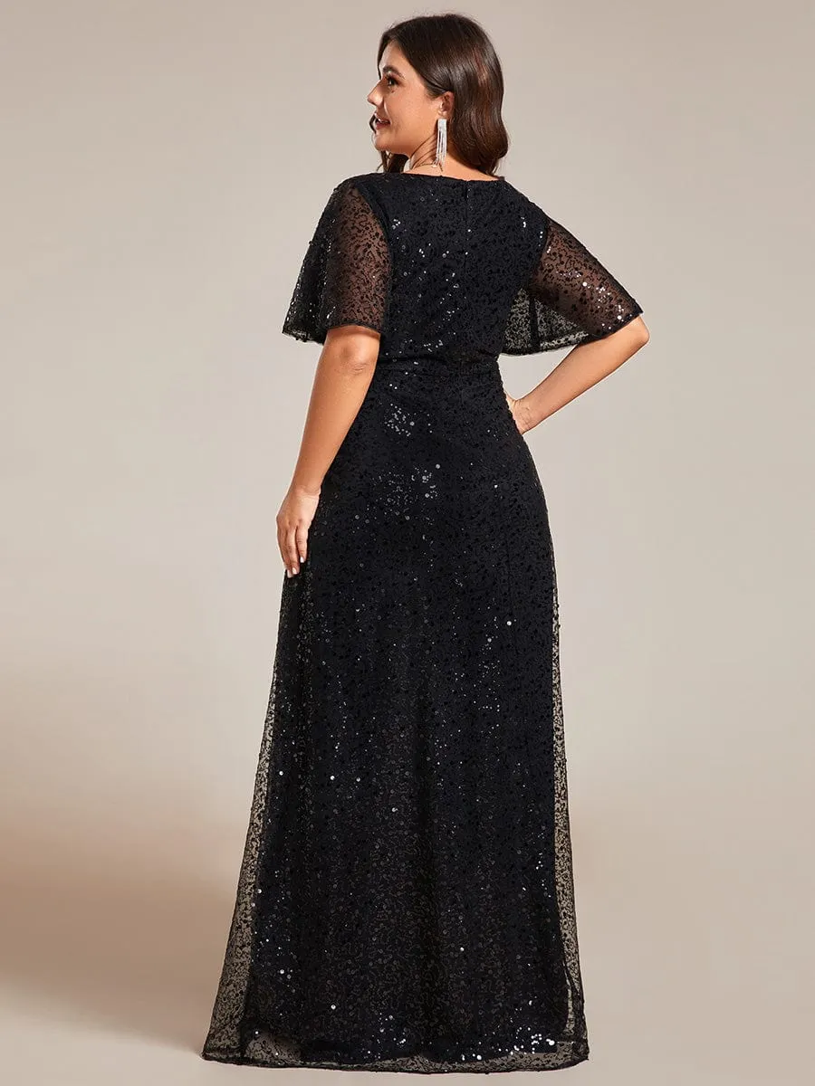 V-Neck Sequined A-Line Evening Dresses with Ruffles Sleeves