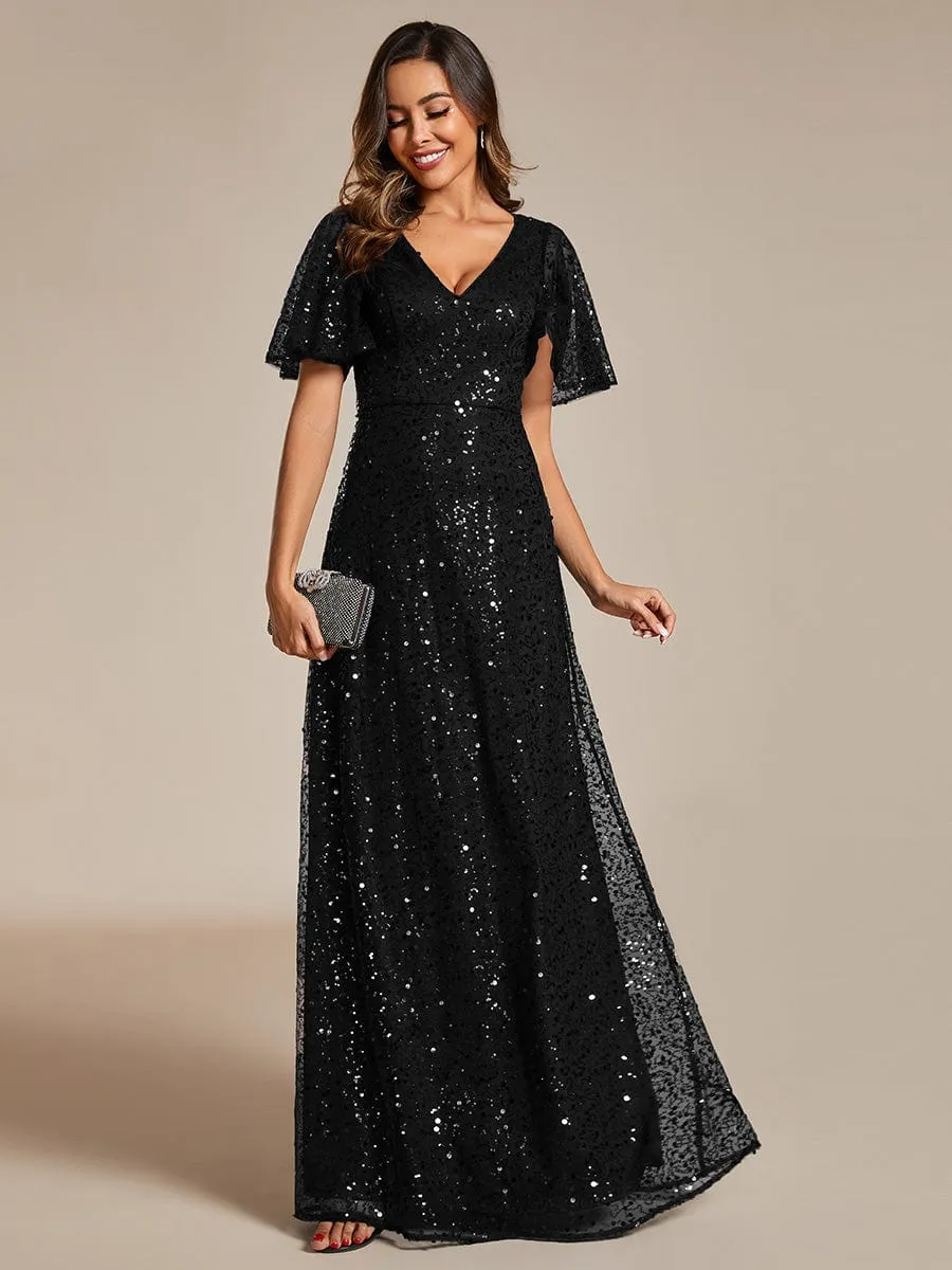 V-Neck Sequined A-Line Evening Dresses with Ruffles Sleeves