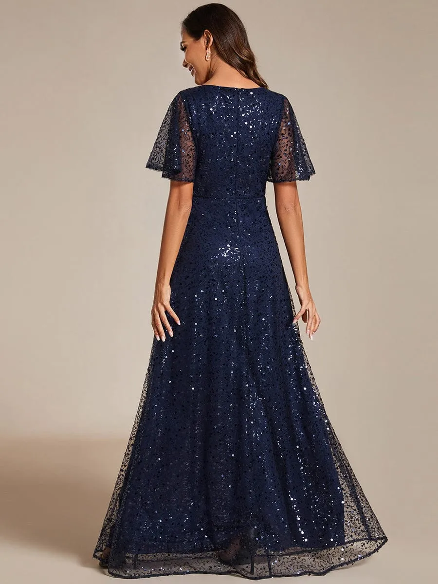 V-Neck Sequined A-Line Evening Dresses with Ruffles Sleeves