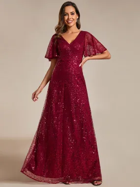 V-Neck Sequined A-Line Evening Dresses with Ruffles Sleeves