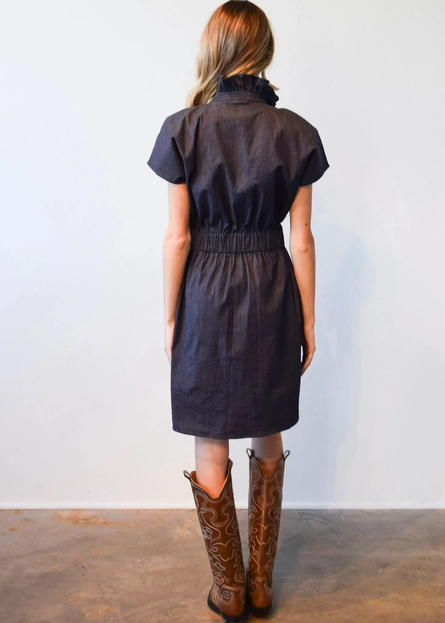 Vicki Short Sleeve Elastic Waist Dress- Dark Denim