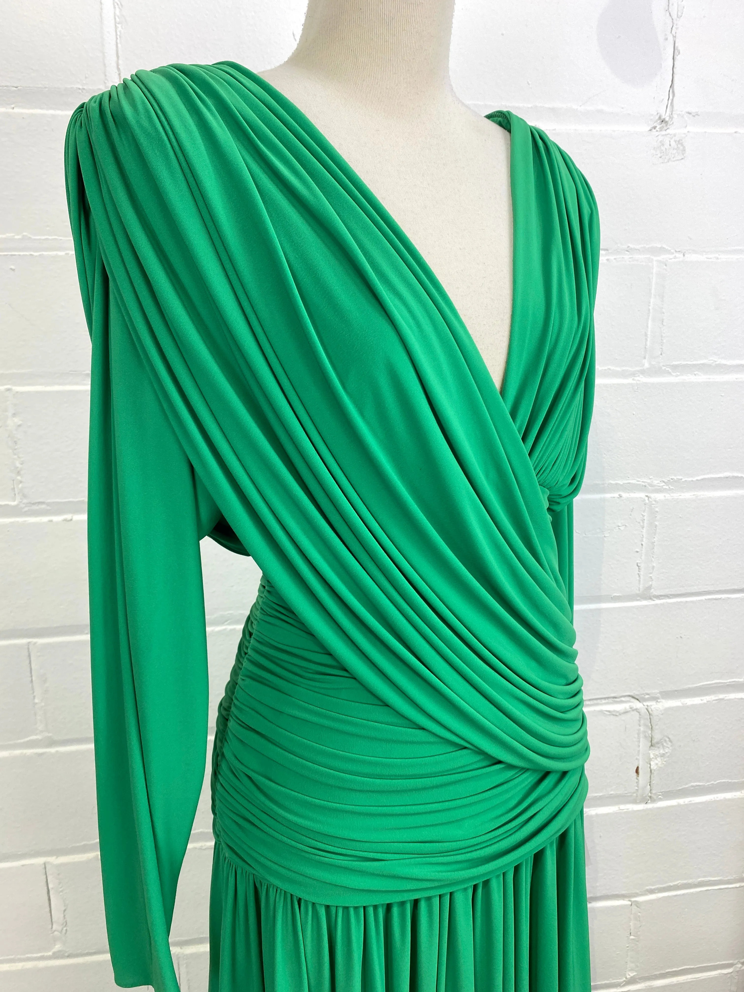Vintage 1980s Kelly Green Ruched Jersey Dress, Medium