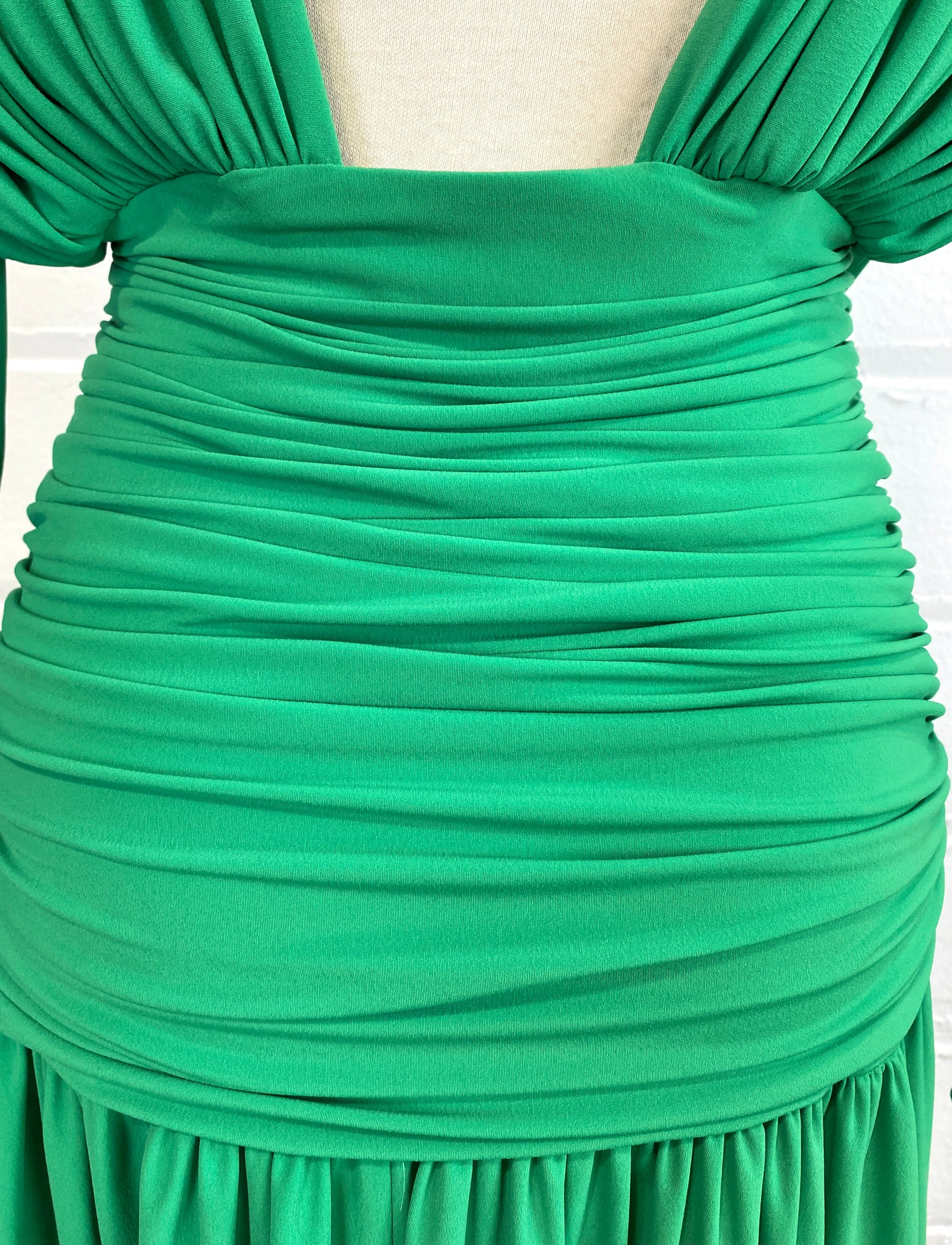 Vintage 1980s Kelly Green Ruched Jersey Dress, Medium