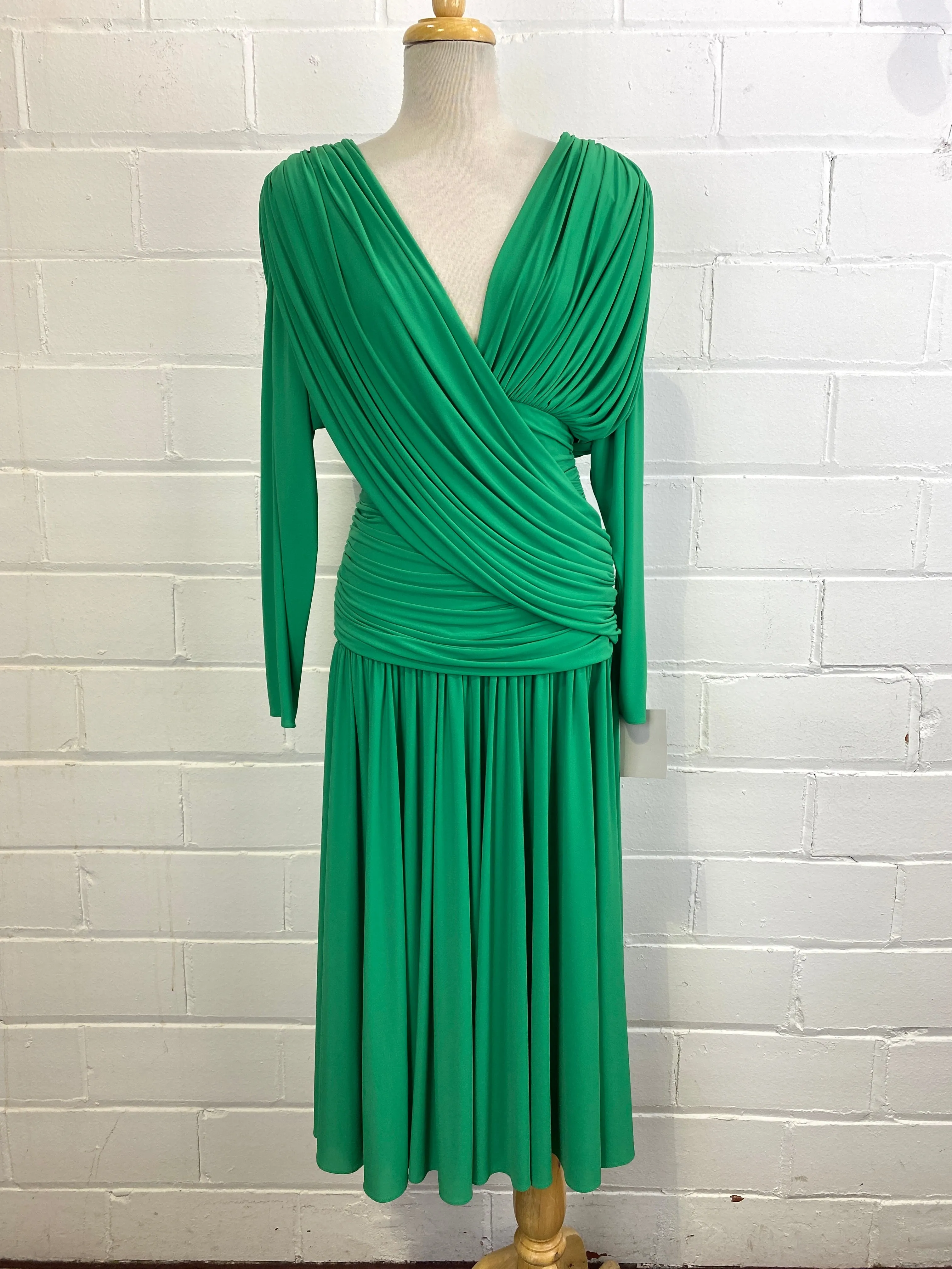 Vintage 1980s Kelly Green Ruched Jersey Dress, Medium