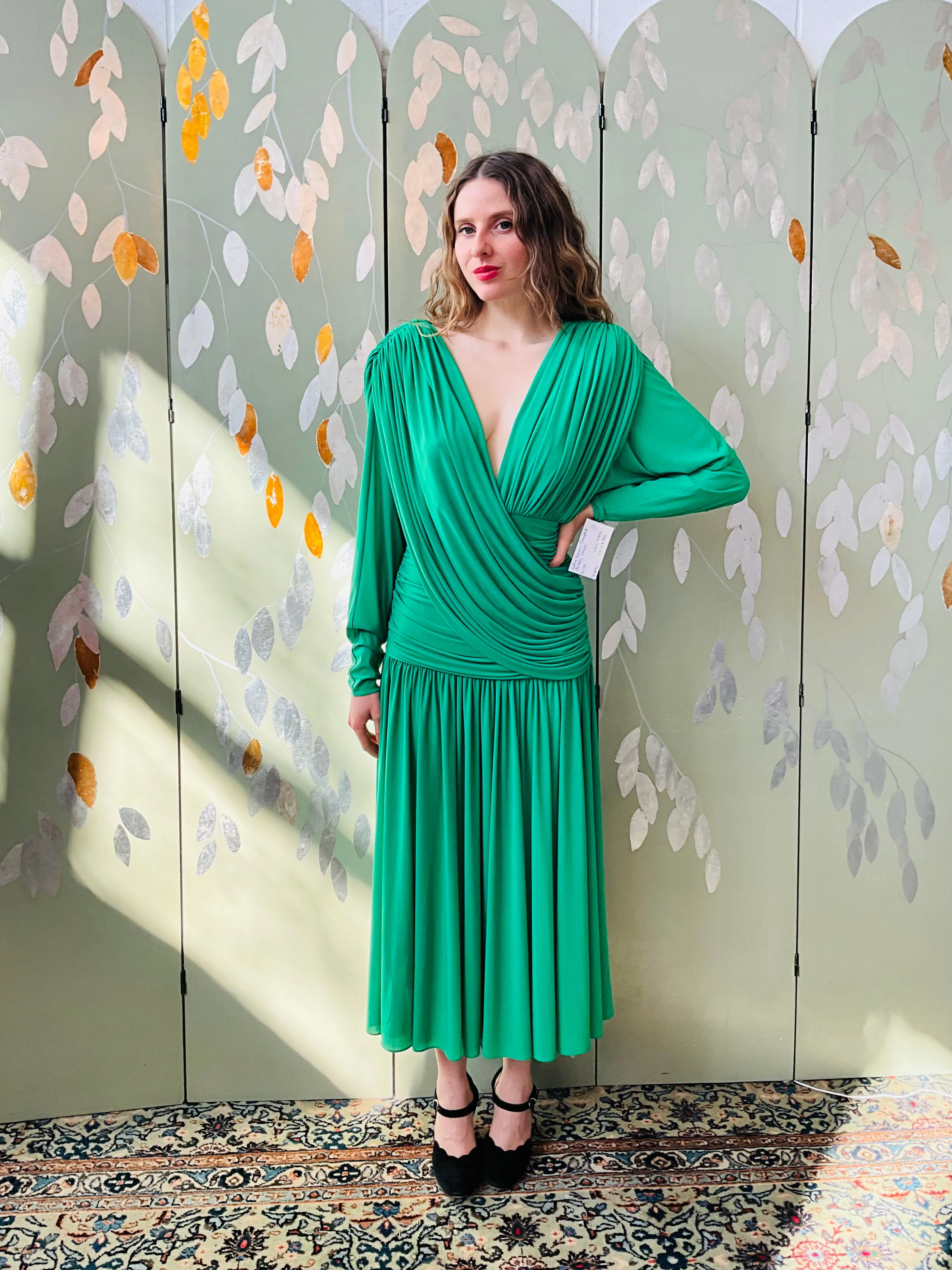 Vintage 1980s Kelly Green Ruched Jersey Dress, Medium