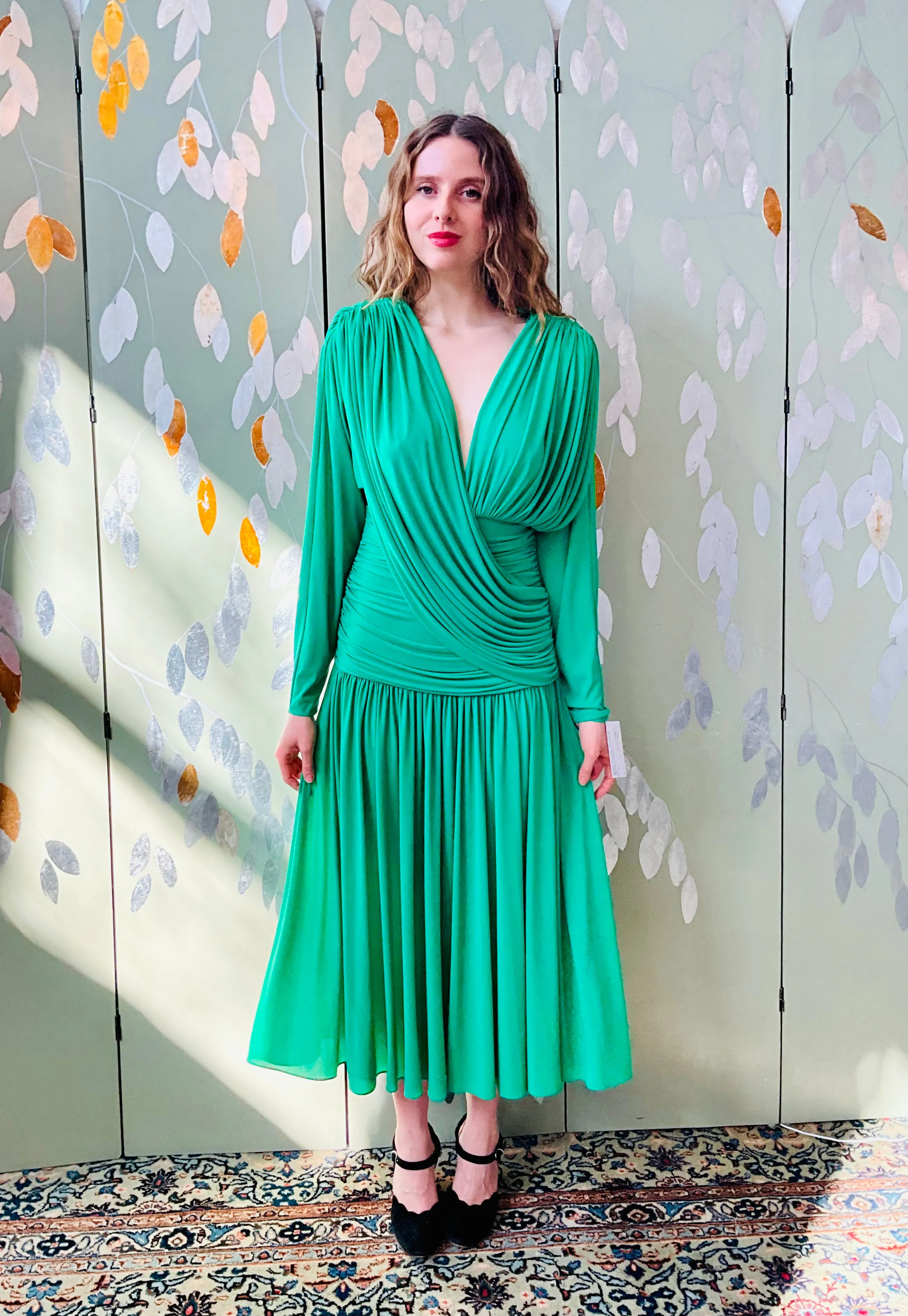 Vintage 1980s Kelly Green Ruched Jersey Dress, Medium