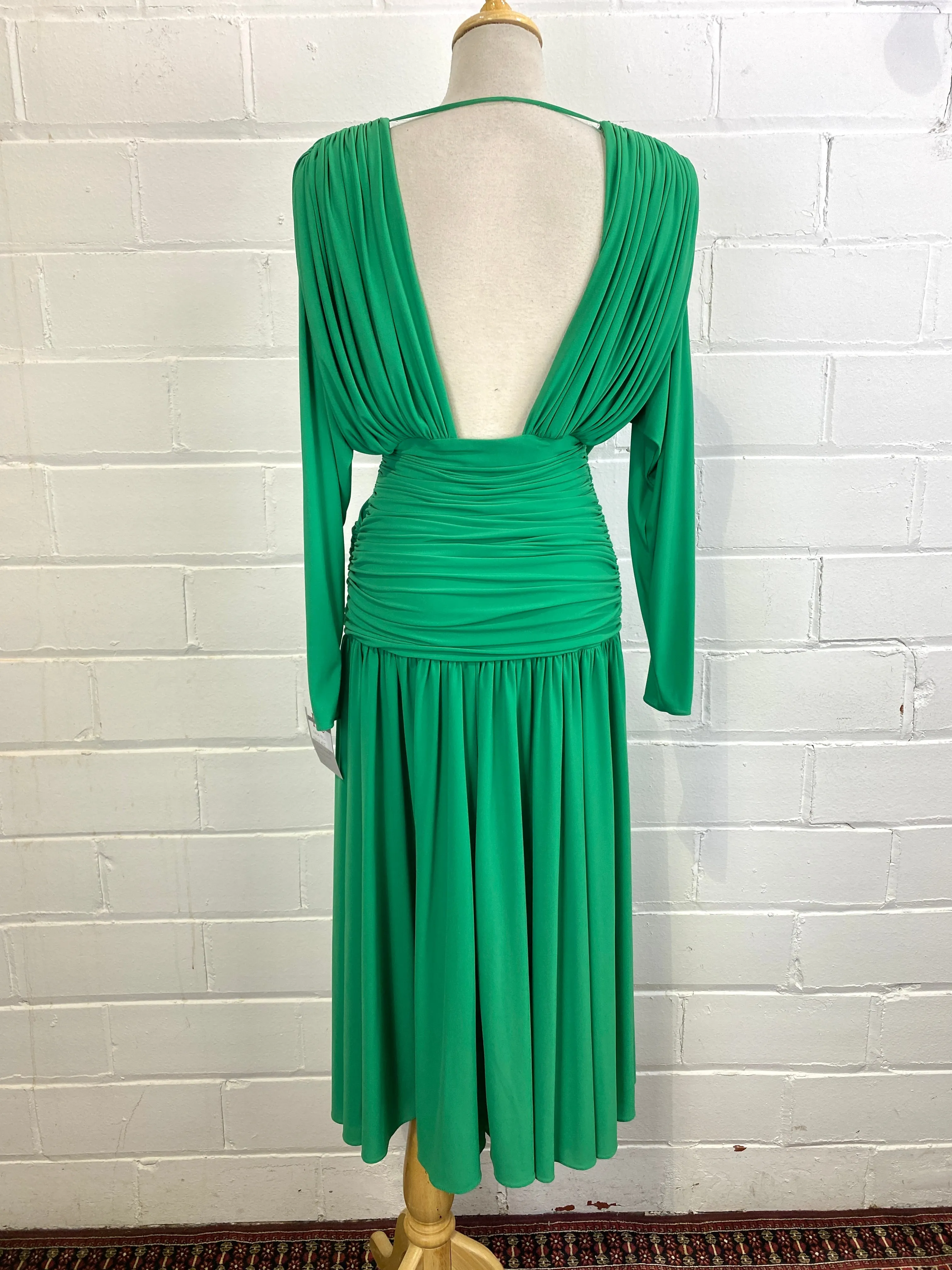 Vintage 1980s Kelly Green Ruched Jersey Dress, Medium