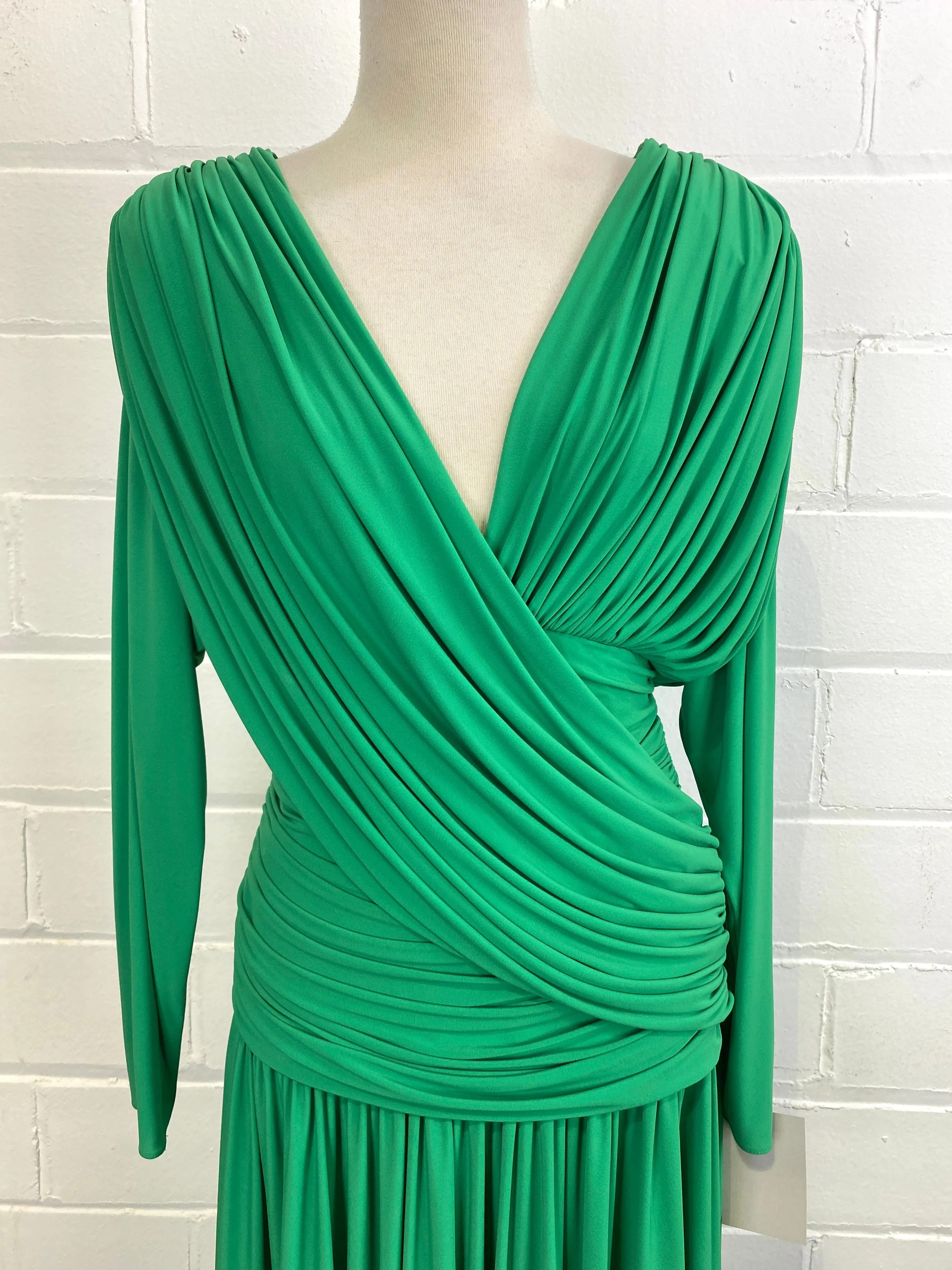 Vintage 1980s Kelly Green Ruched Jersey Dress, Medium