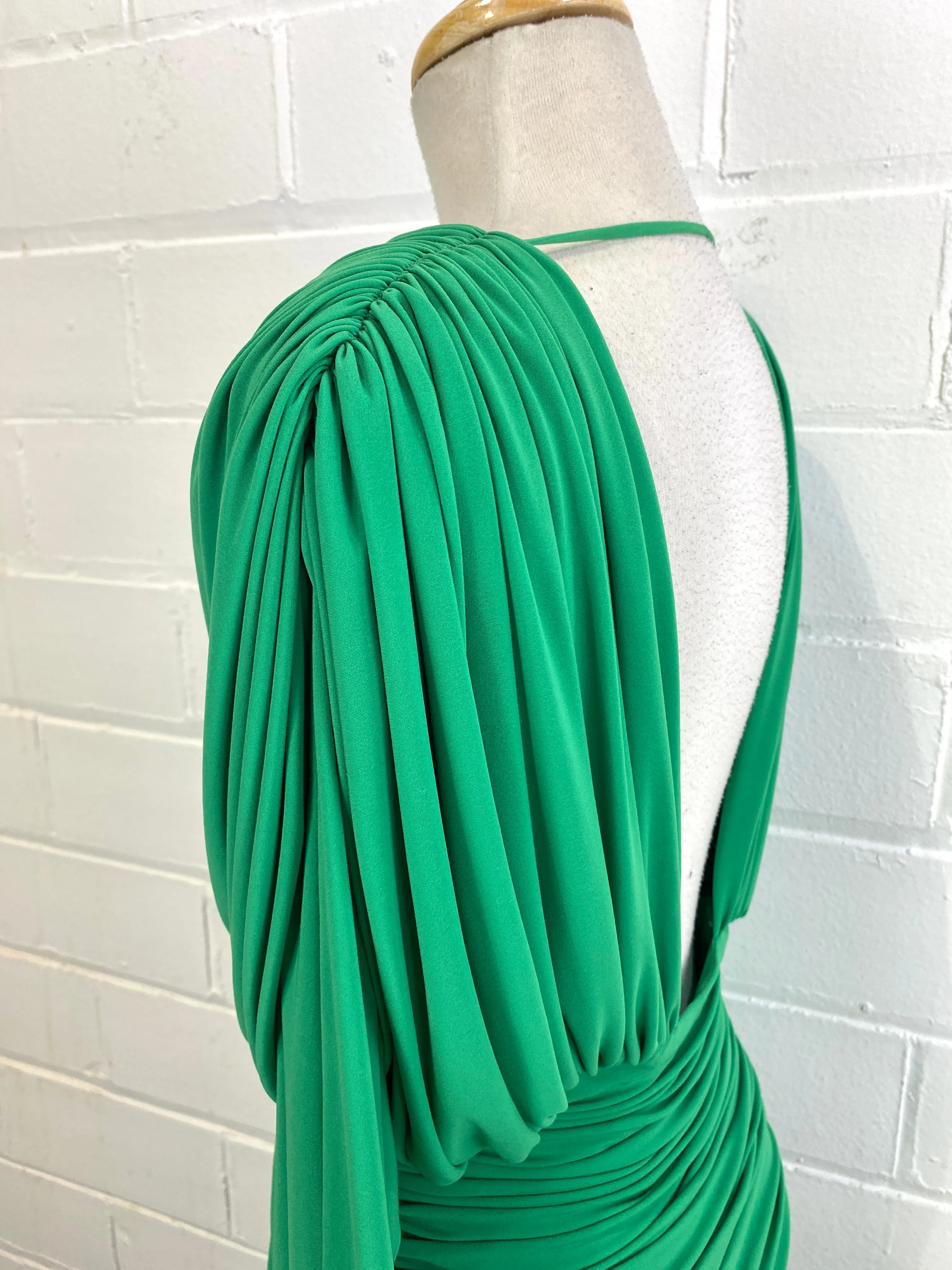 Vintage 1980s Kelly Green Ruched Jersey Dress, Medium