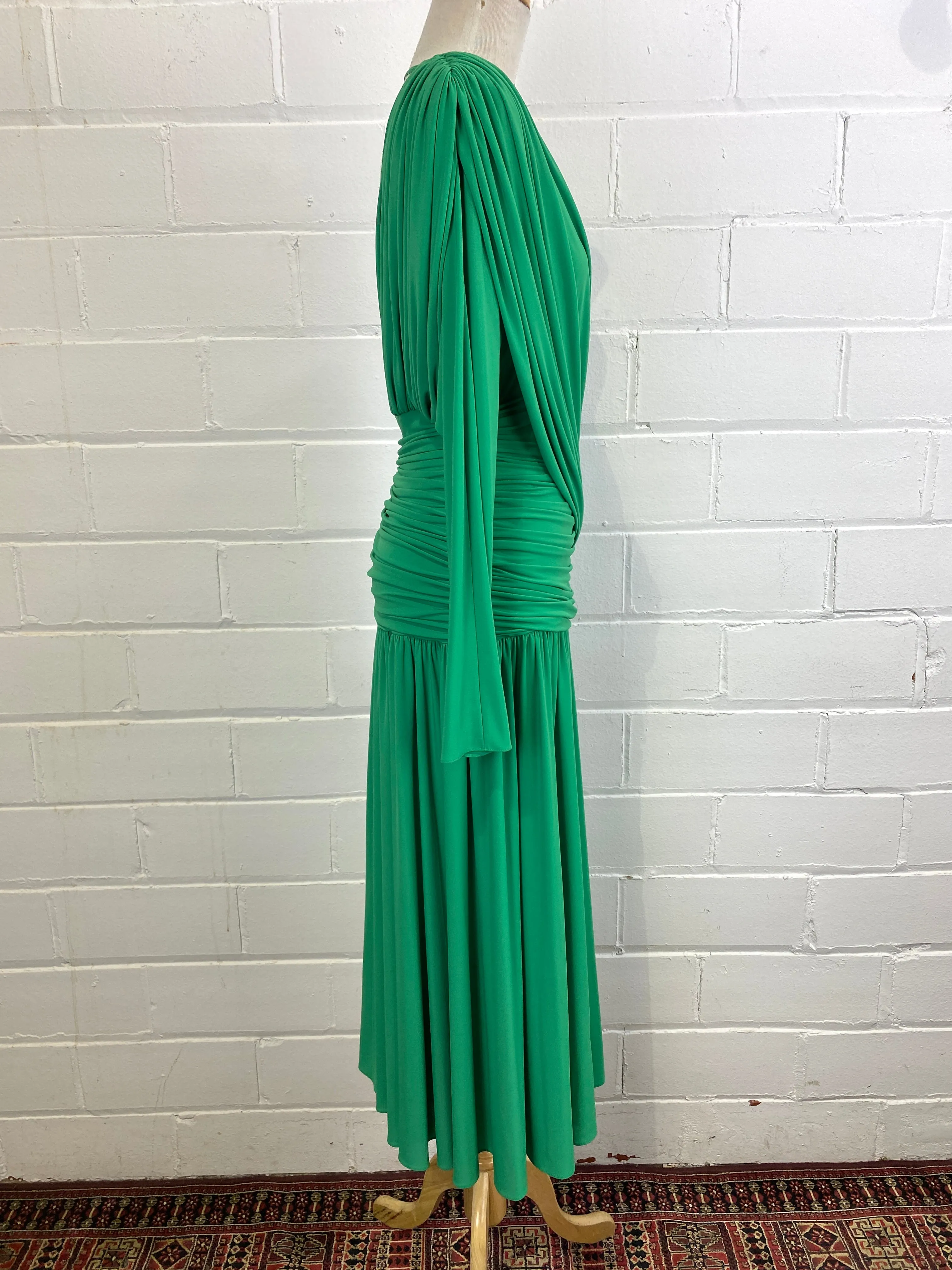Vintage 1980s Kelly Green Ruched Jersey Dress, Medium