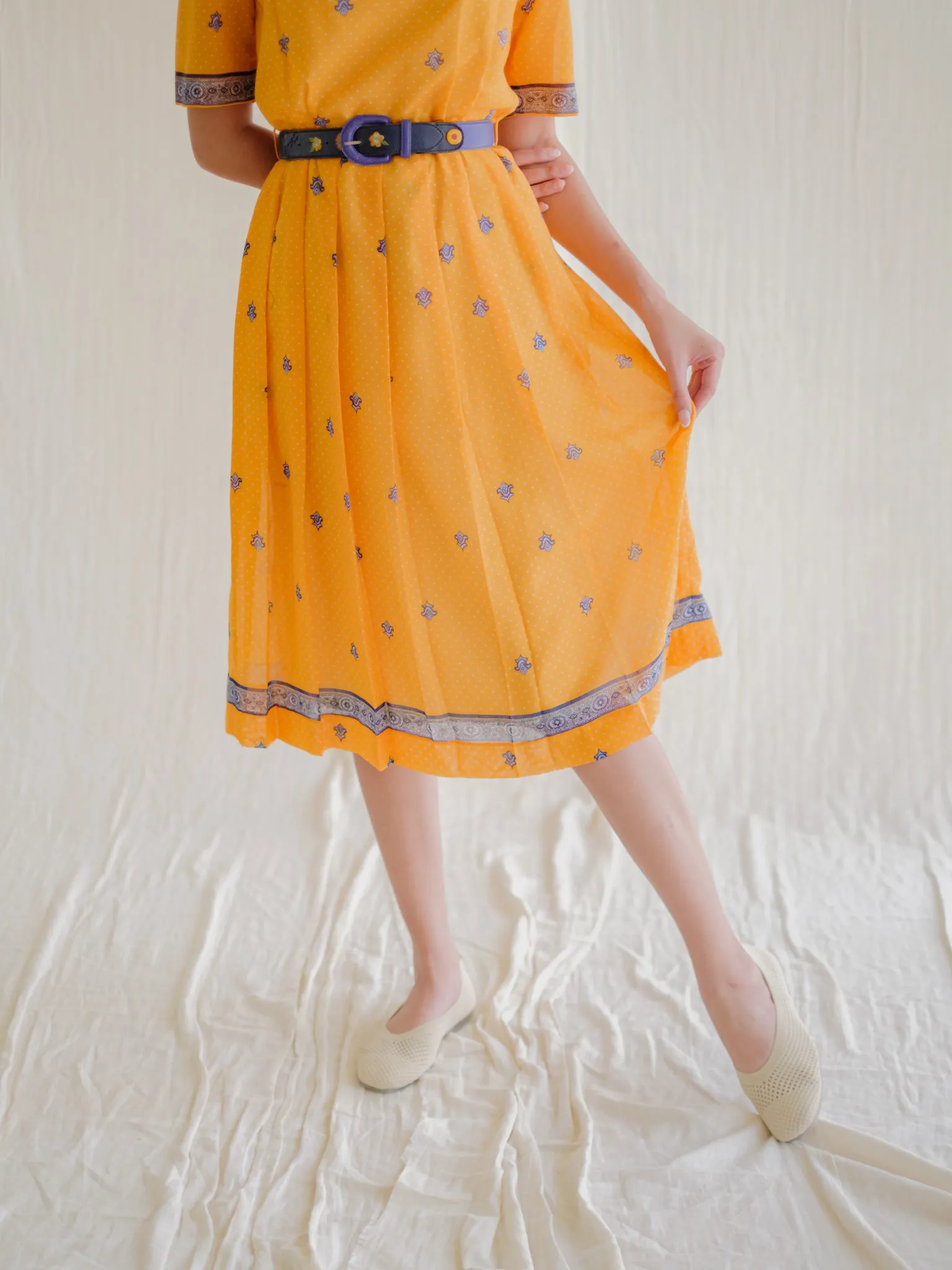 Vintage Polyester Floral Print Half Sleeves Midi Dress