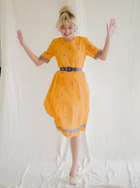 Vintage Polyester Floral Print Half Sleeves Midi Dress