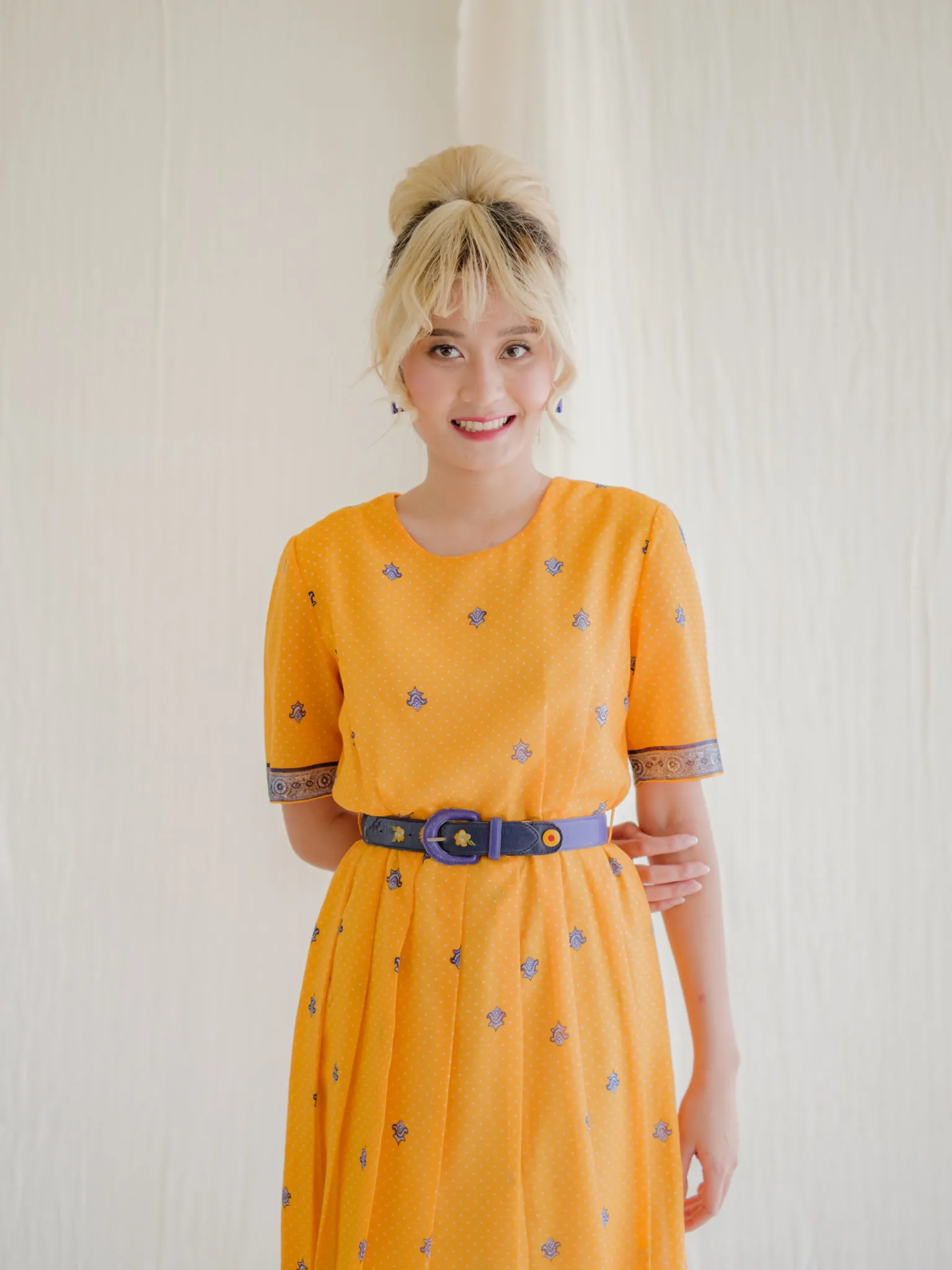 Vintage Polyester Floral Print Half Sleeves Midi Dress
