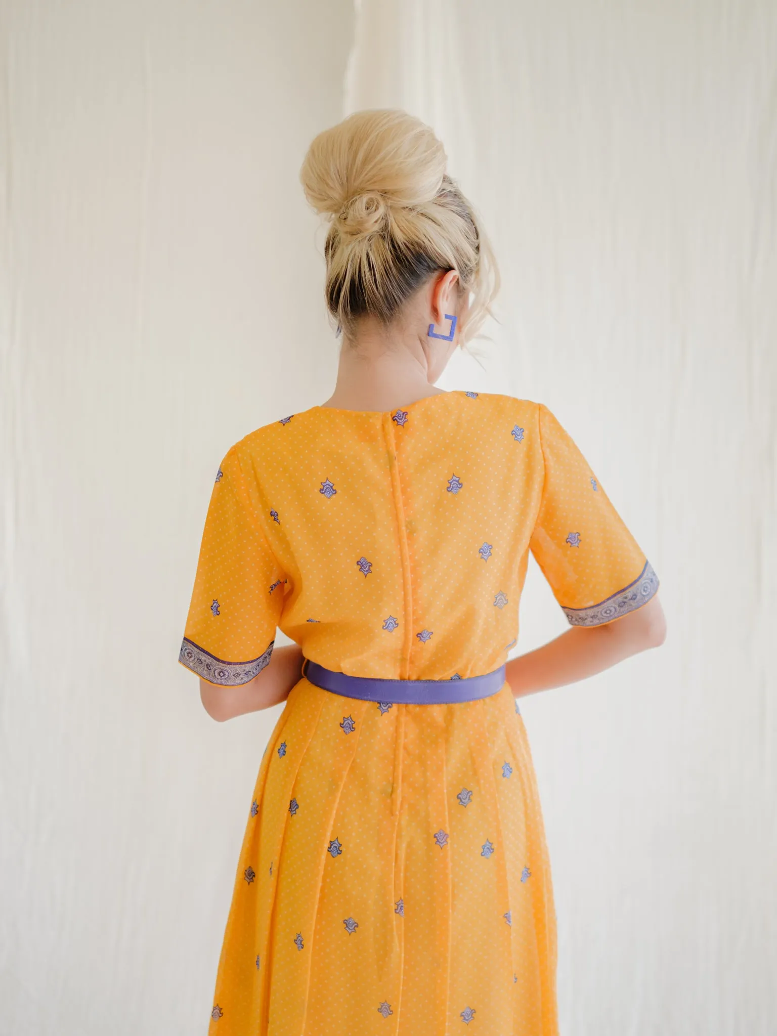 Vintage Polyester Floral Print Half Sleeves Midi Dress