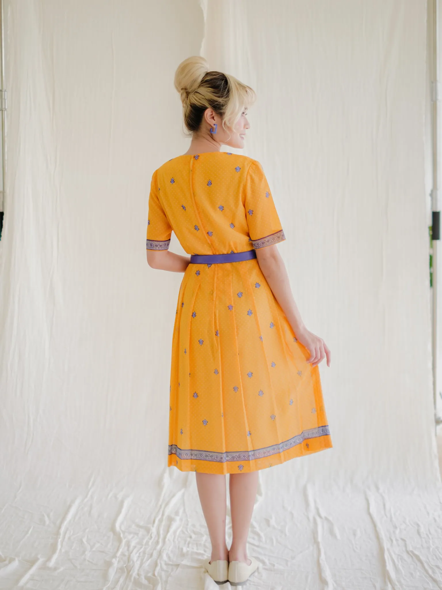 Vintage Polyester Floral Print Half Sleeves Midi Dress