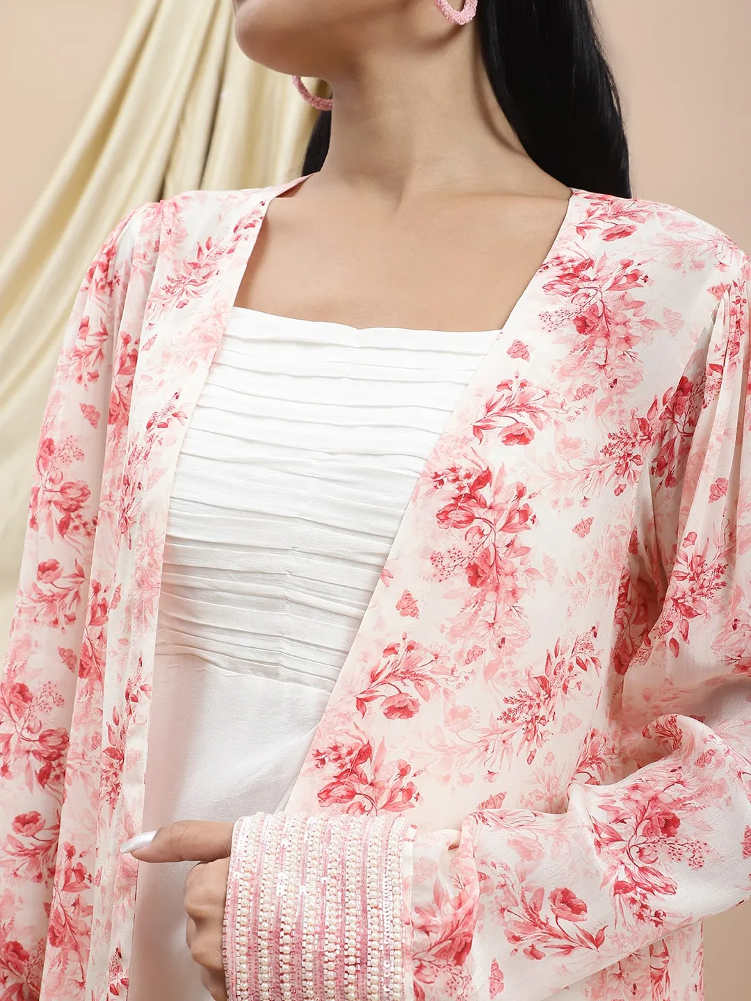White Satin Dress With Printed Long Shrug Set