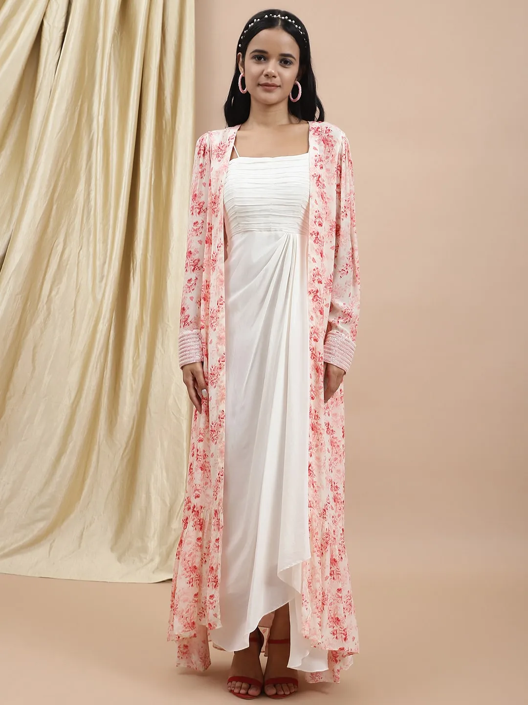 White Satin Dress With Printed Long Shrug Set