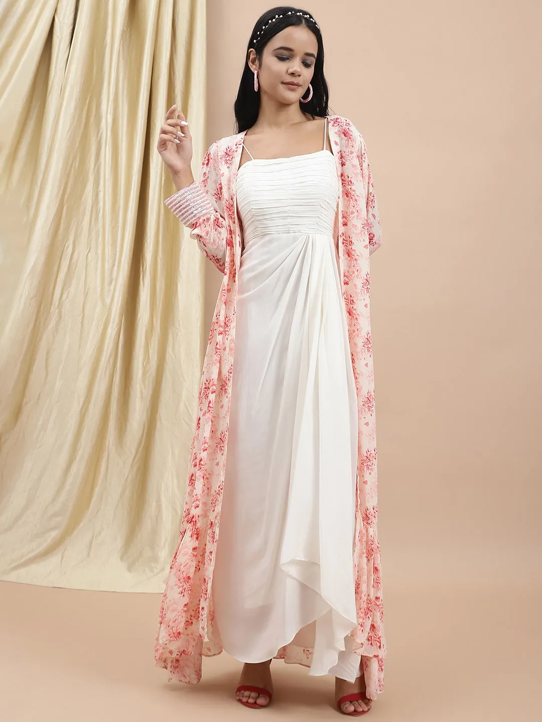 White Satin Dress With Printed Long Shrug Set