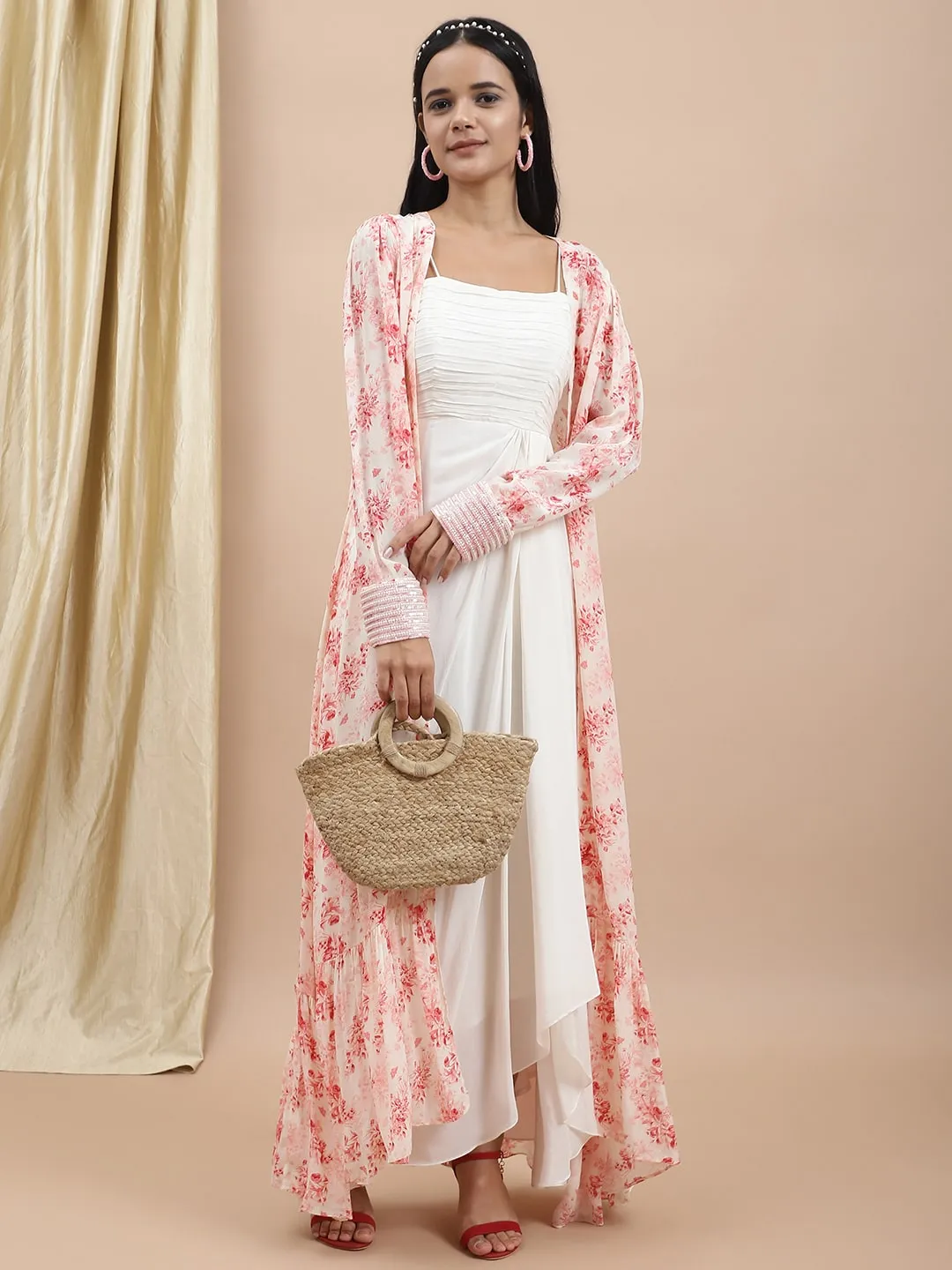 White Satin Dress With Printed Long Shrug Set