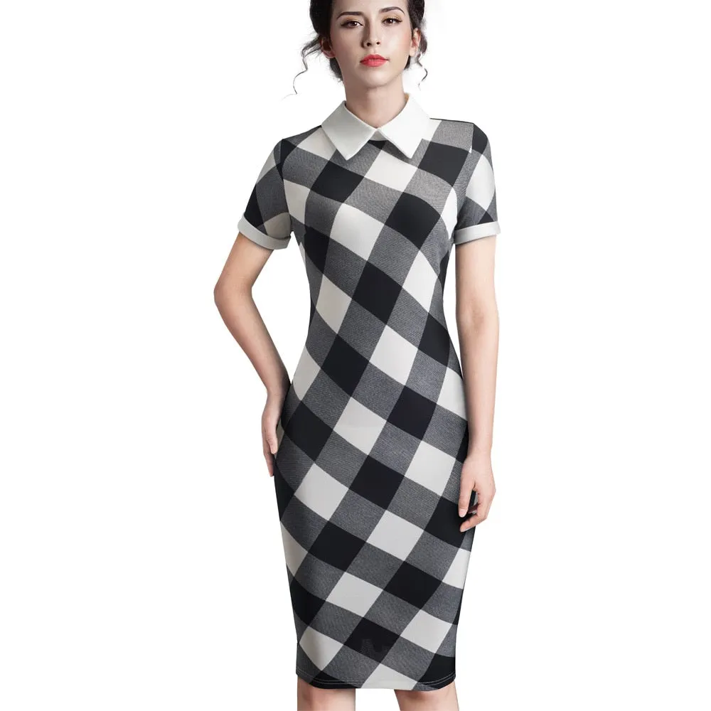 Women Autumn Turn-down Collar Fit Work Dress Vintage Elegant Business office