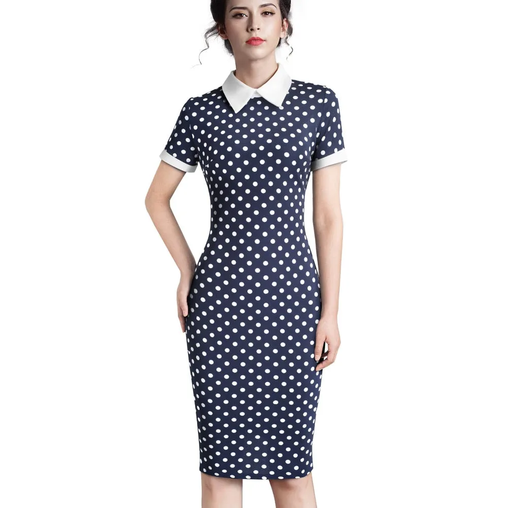 Women Autumn Turn-down Collar Fit Work Dress Vintage Elegant Business office