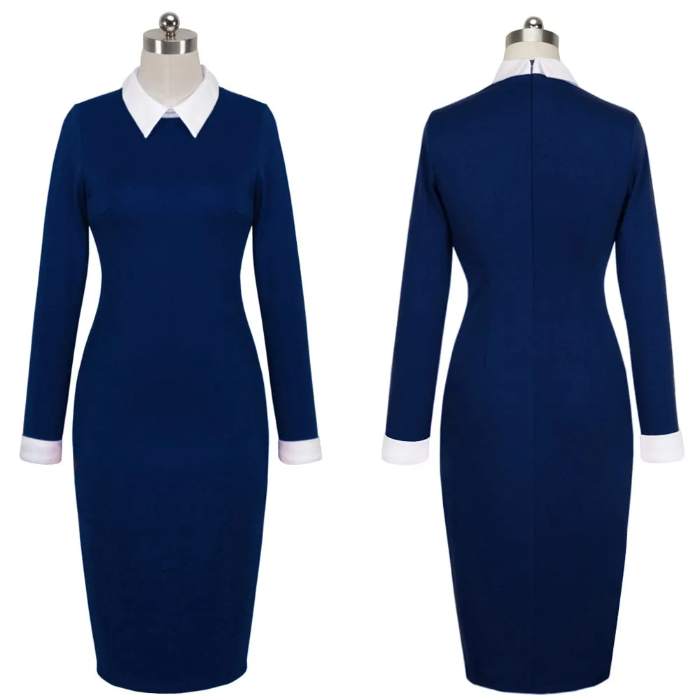 Women Autumn Turn-down Collar Fit Work Dress Vintage Elegant Business office