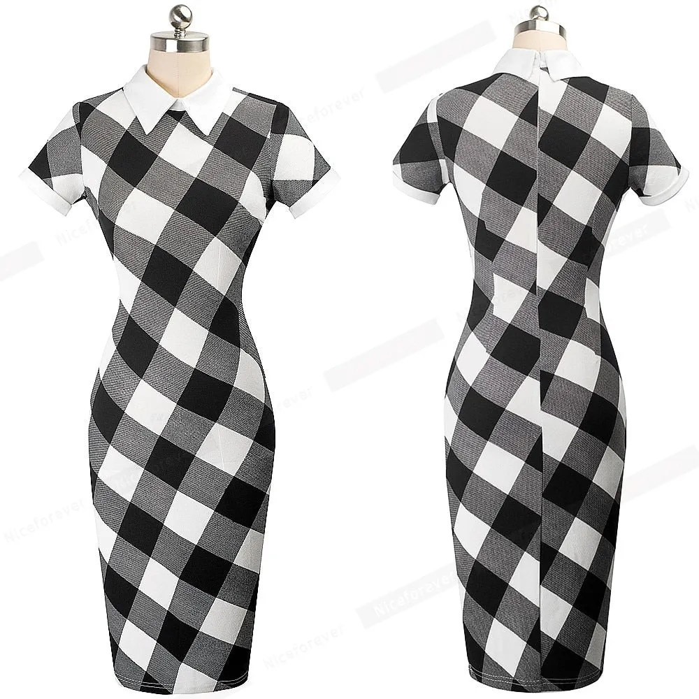 Women Autumn Turn-down Collar Fit Work Dress Vintage Elegant Business office