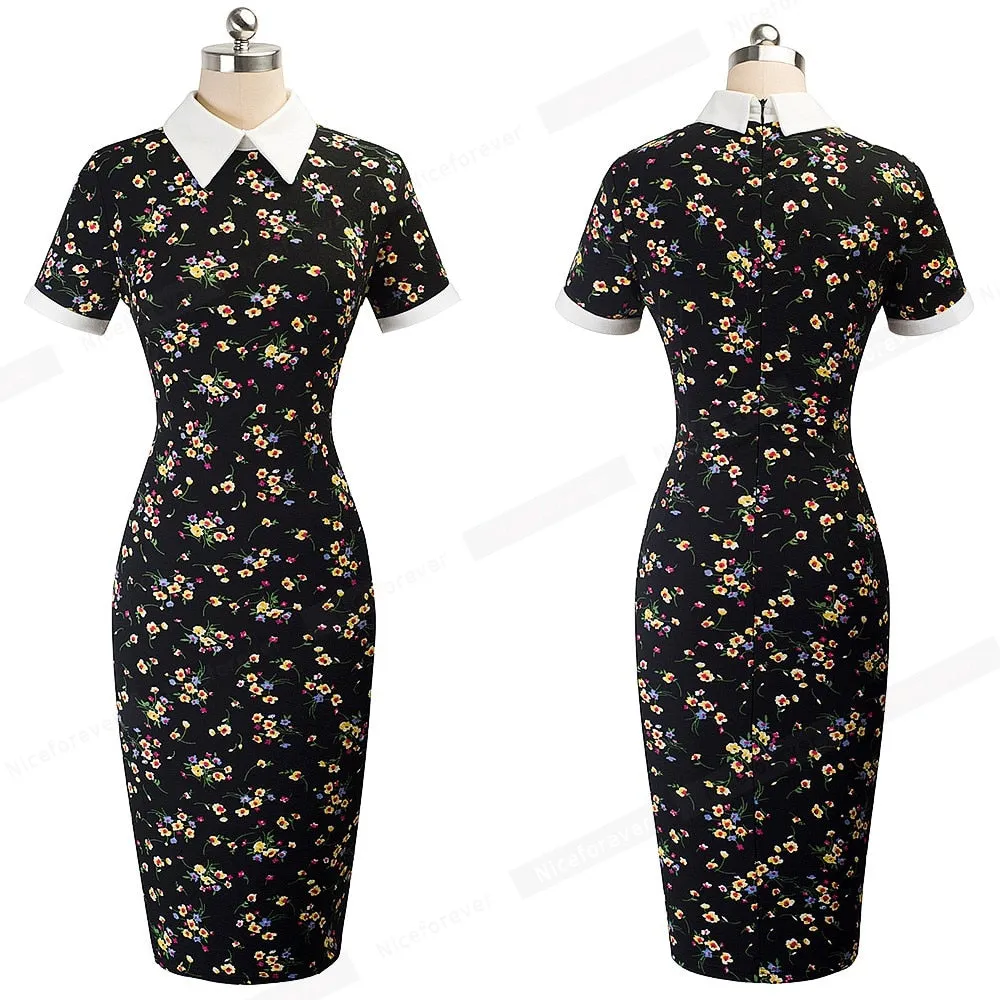 Women Autumn Turn-down Collar Fit Work Dress Vintage Elegant Business office