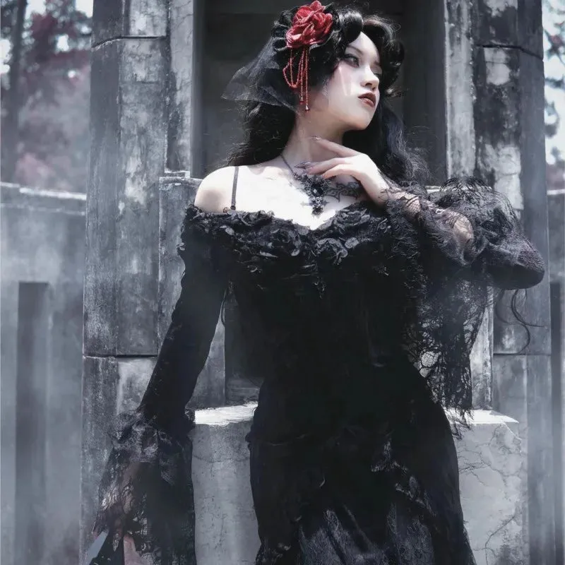 Women Black Gothic Style Mid-Length Dark Frock