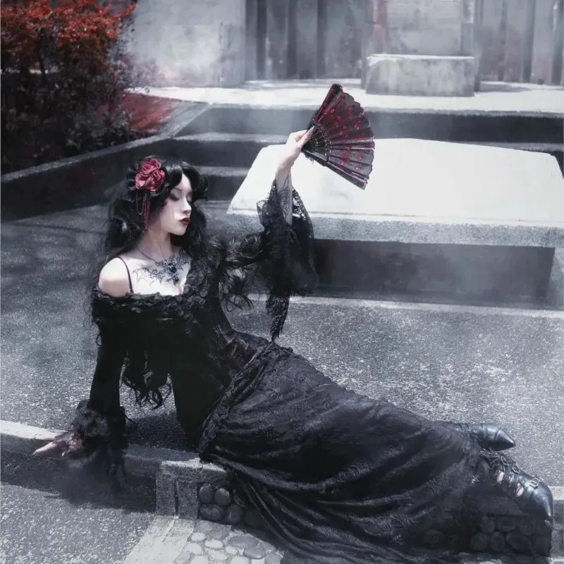 Women Black Gothic Style Mid-Length Dark Frock