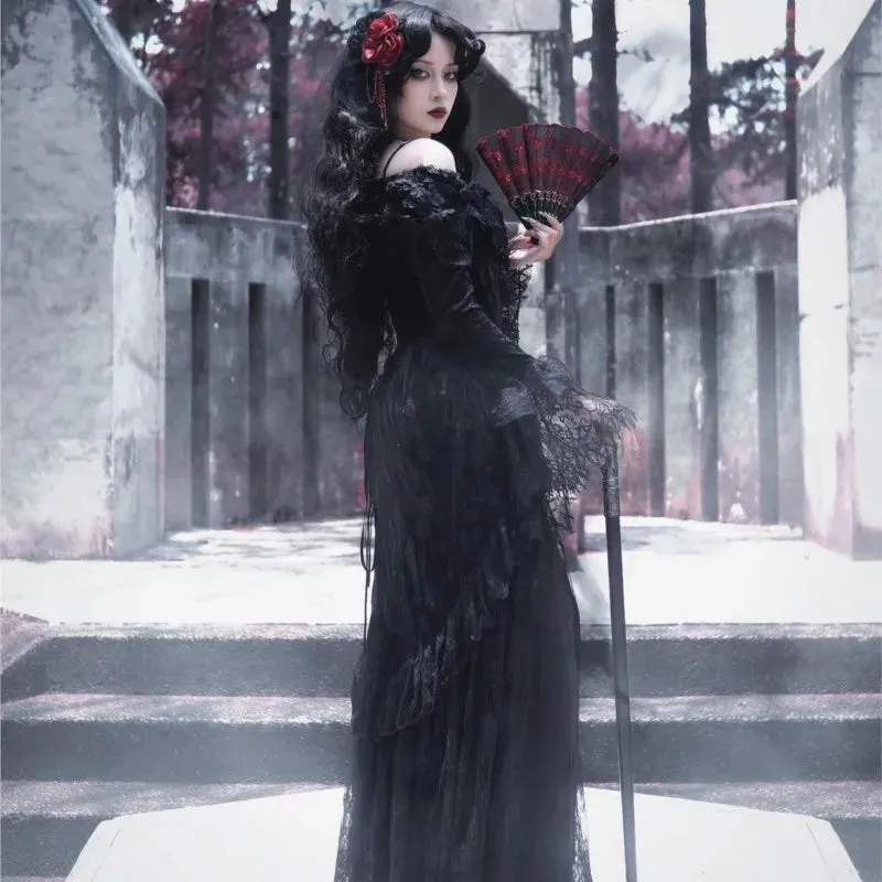 Women Black Gothic Style Mid-Length Dark Frock
