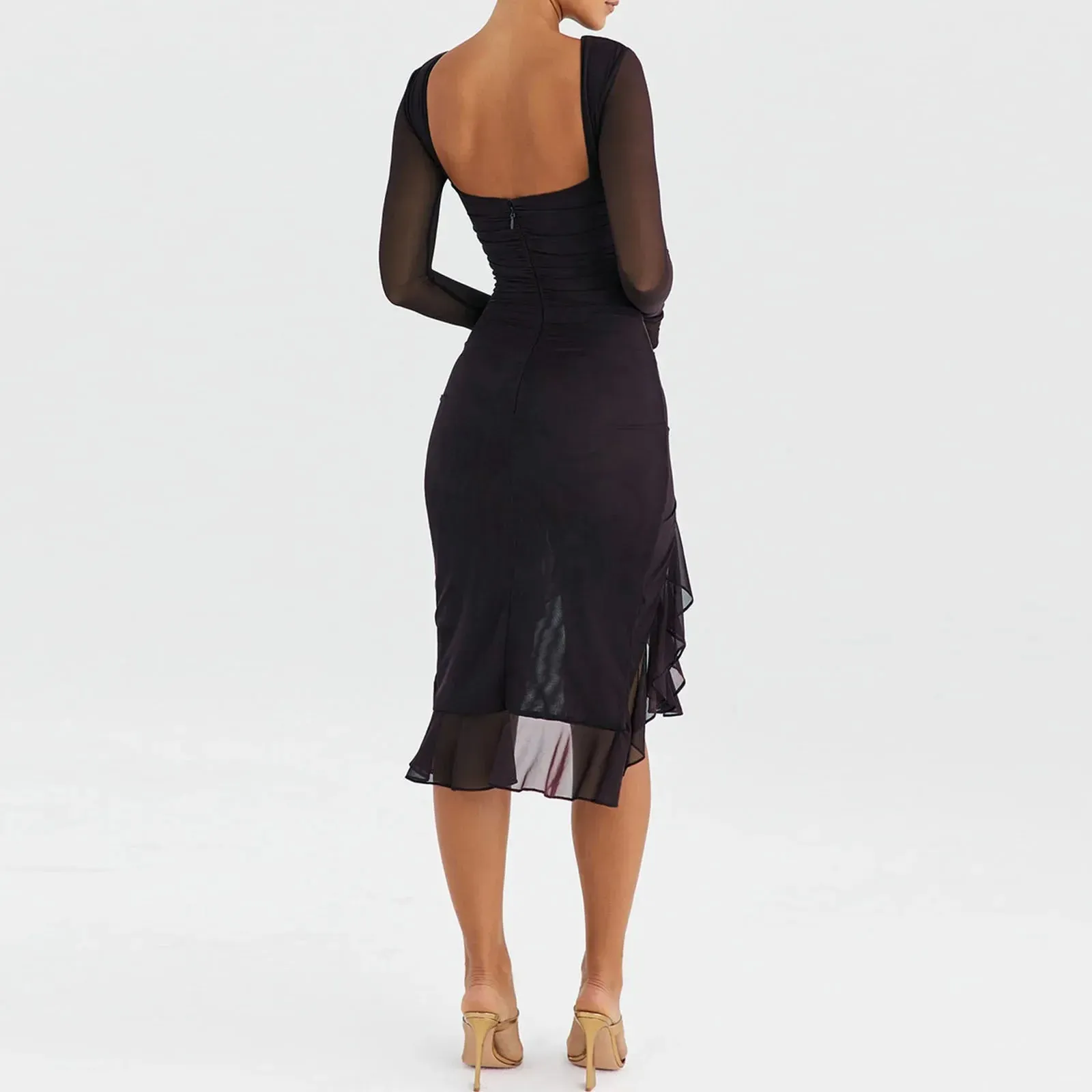 Women Hem Mermaid Bodycon Mesh Long Sleeve Tail Spring Fall Cocktail Elegant Vestidos Midi Dress